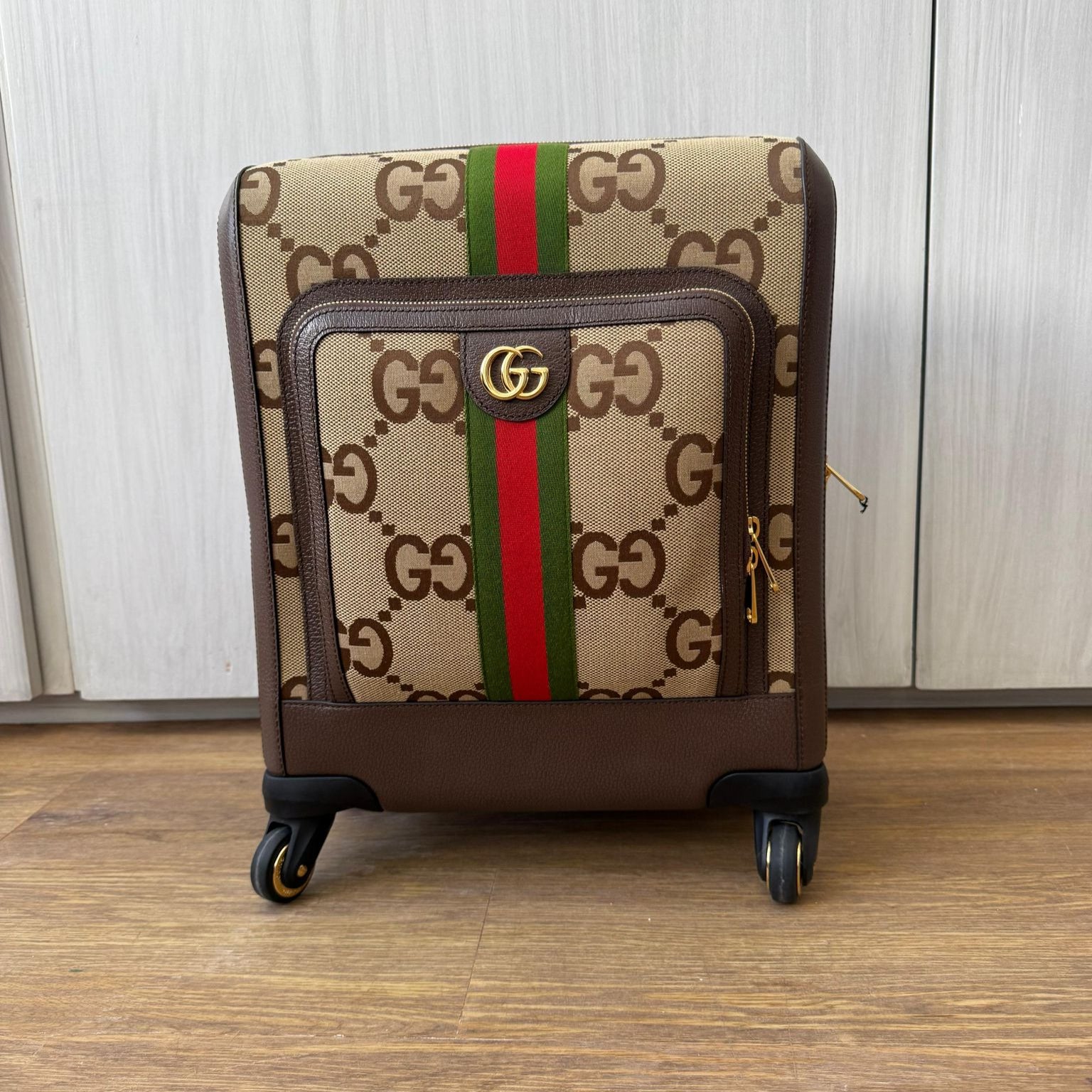 PRE-OWNED Monogram Jumbo GG Textured Dollar Calfskin Web Small Savoy Cabin Trolley Camel Ebony 