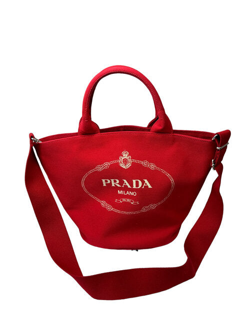 Prada tote bag red M size Canapa canvas gold metal fittings genuine HI/7/102