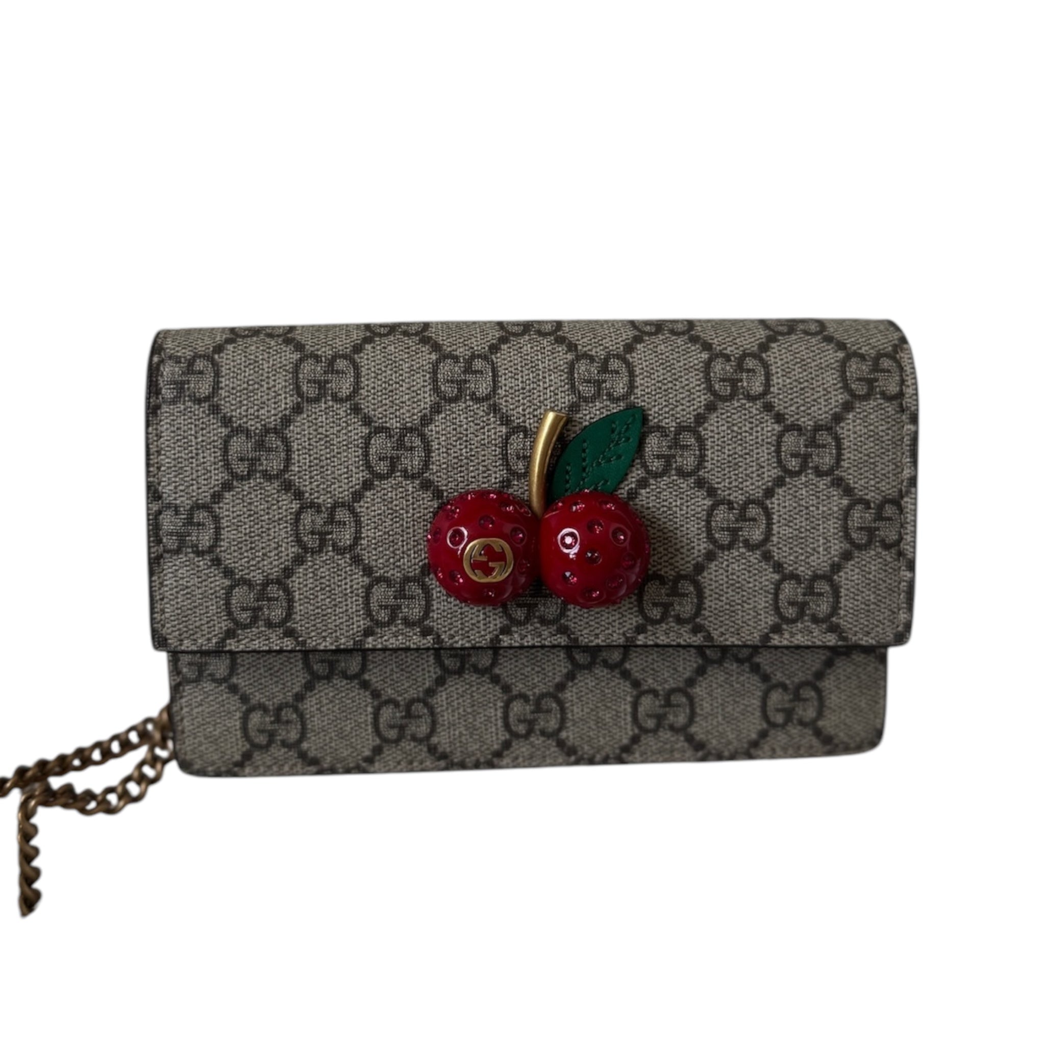 Cartera GG Cherries con cadena de lona revestida GG de segunda mano