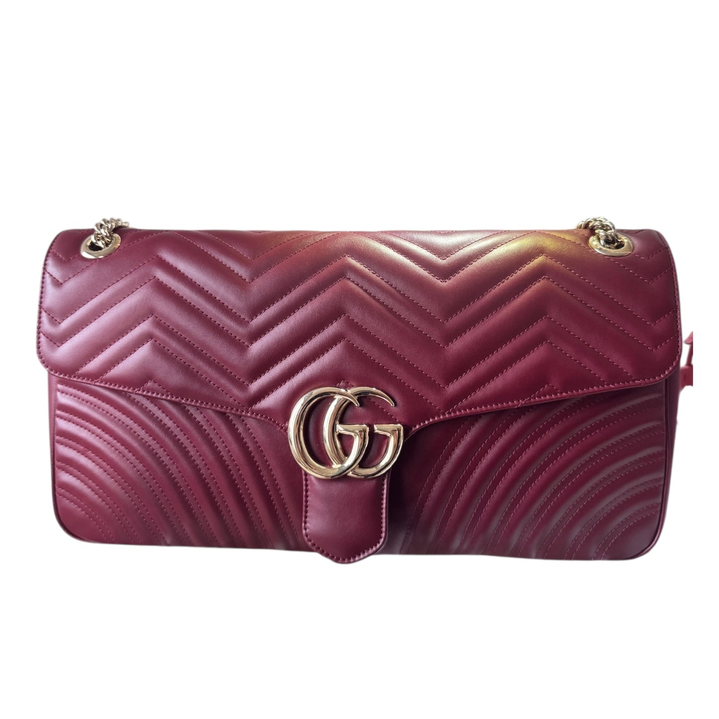 PRE-OWNED Burgundy GG Marmont Flap Bag Matelasse Leather Large Shoulder Bag
