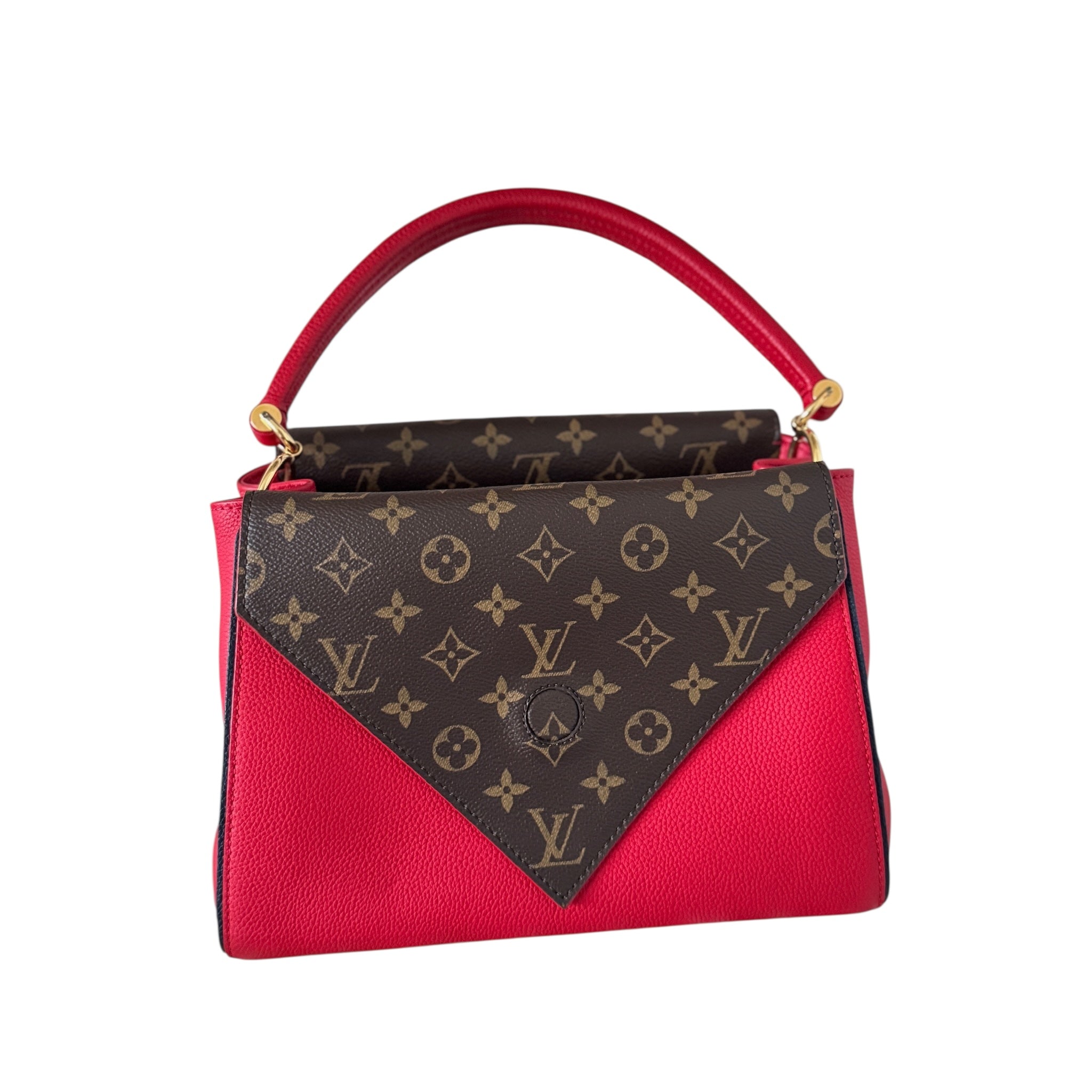 PRE-OWNED LV Red Grained Calfskin & Monogram Canvas Double V Shoulder Bag