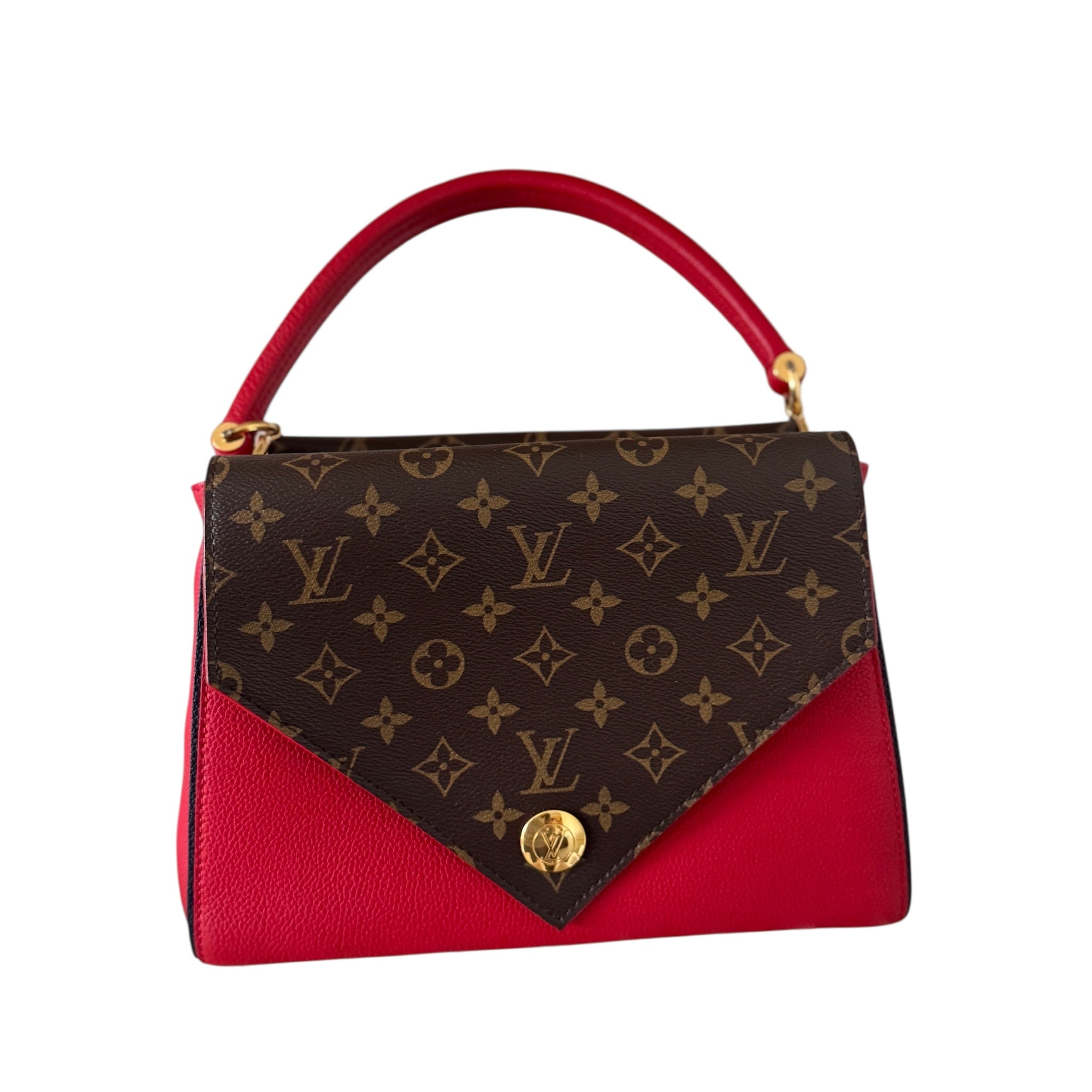 PRE-OWNED LV Red Grained Calfskin & Monogram Canvas Double V Shoulder Bag