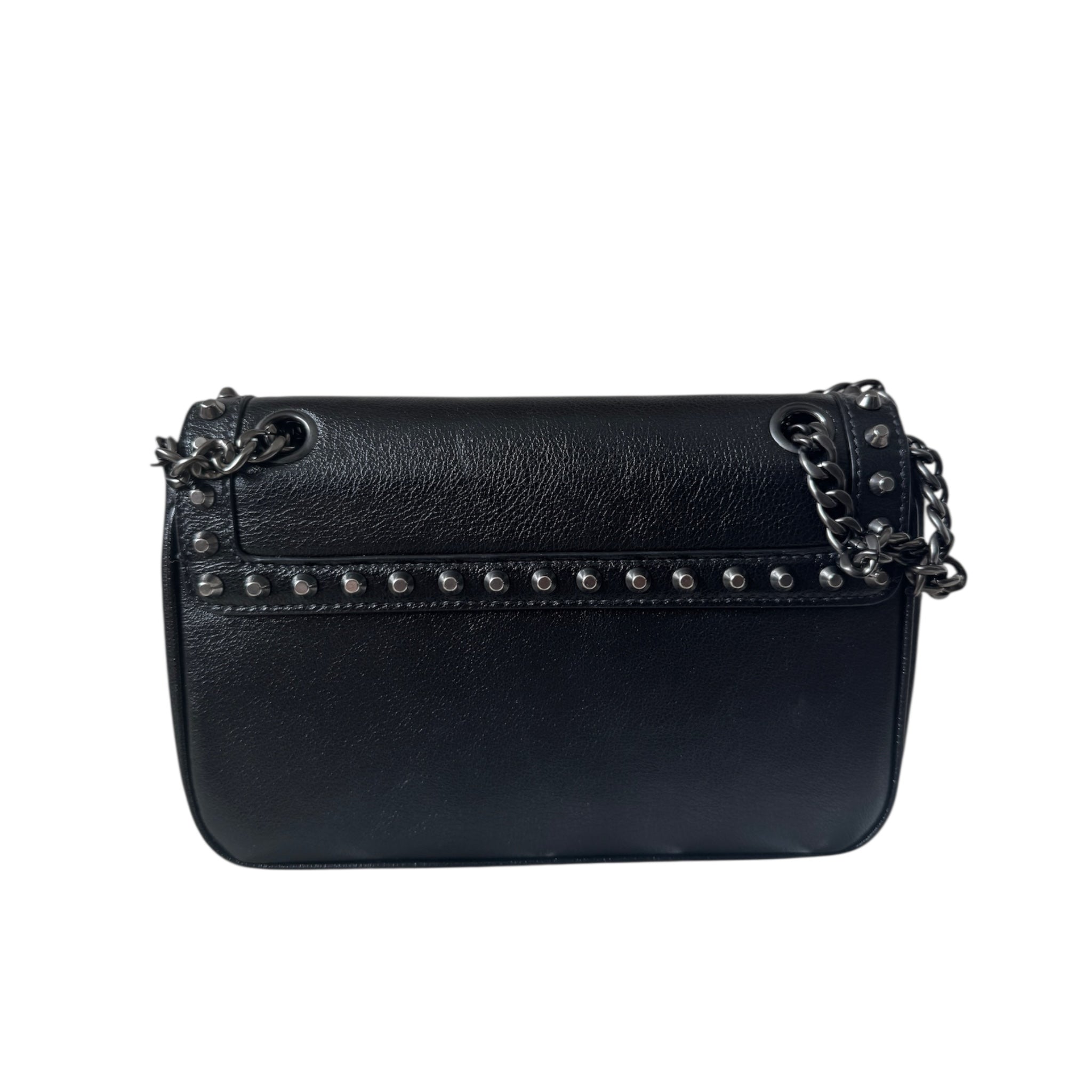 PRE-OWNED Black Glace Leather Studded Flap Shoulder Bag