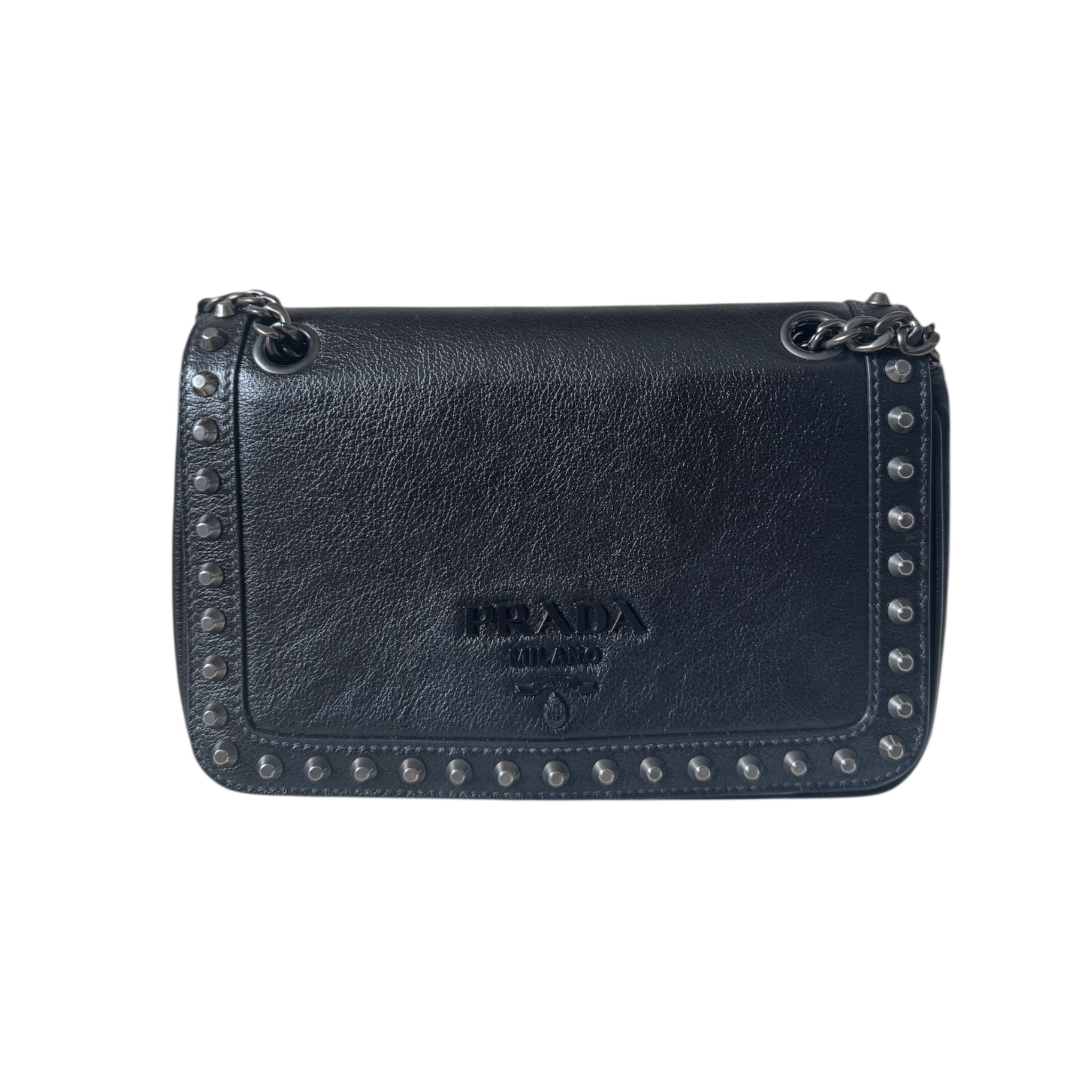 PRE-OWNED Black Glace Leather Studded Flap Shoulder Bag