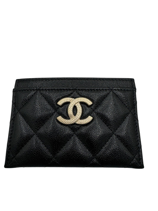 PRE-OWNED CC Textured Card Holder Quilted Caviar