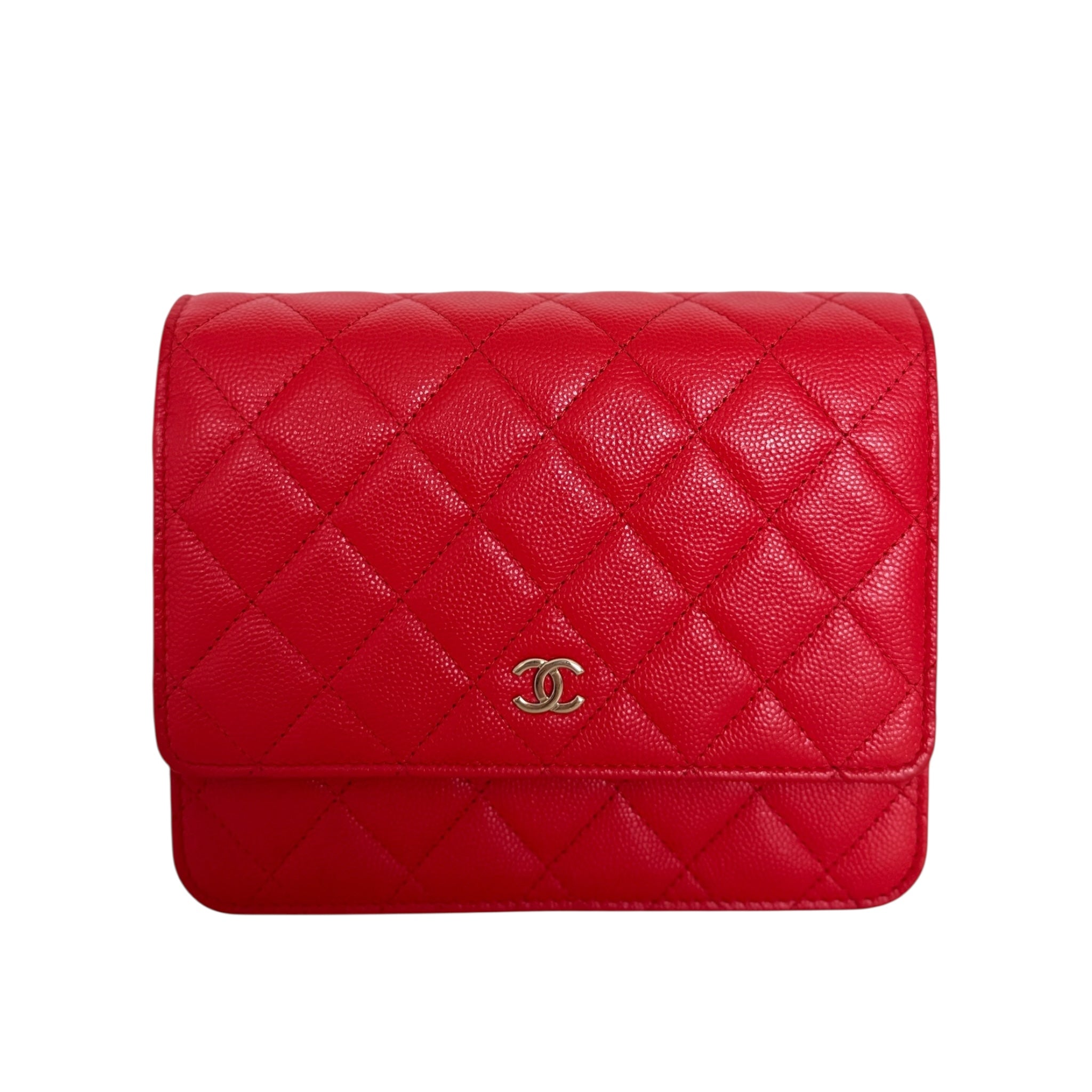 Cartera cuadrada acolchada CC Caviar con cadena, bolso de hombro rojo oscuro WOC, de segunda mano