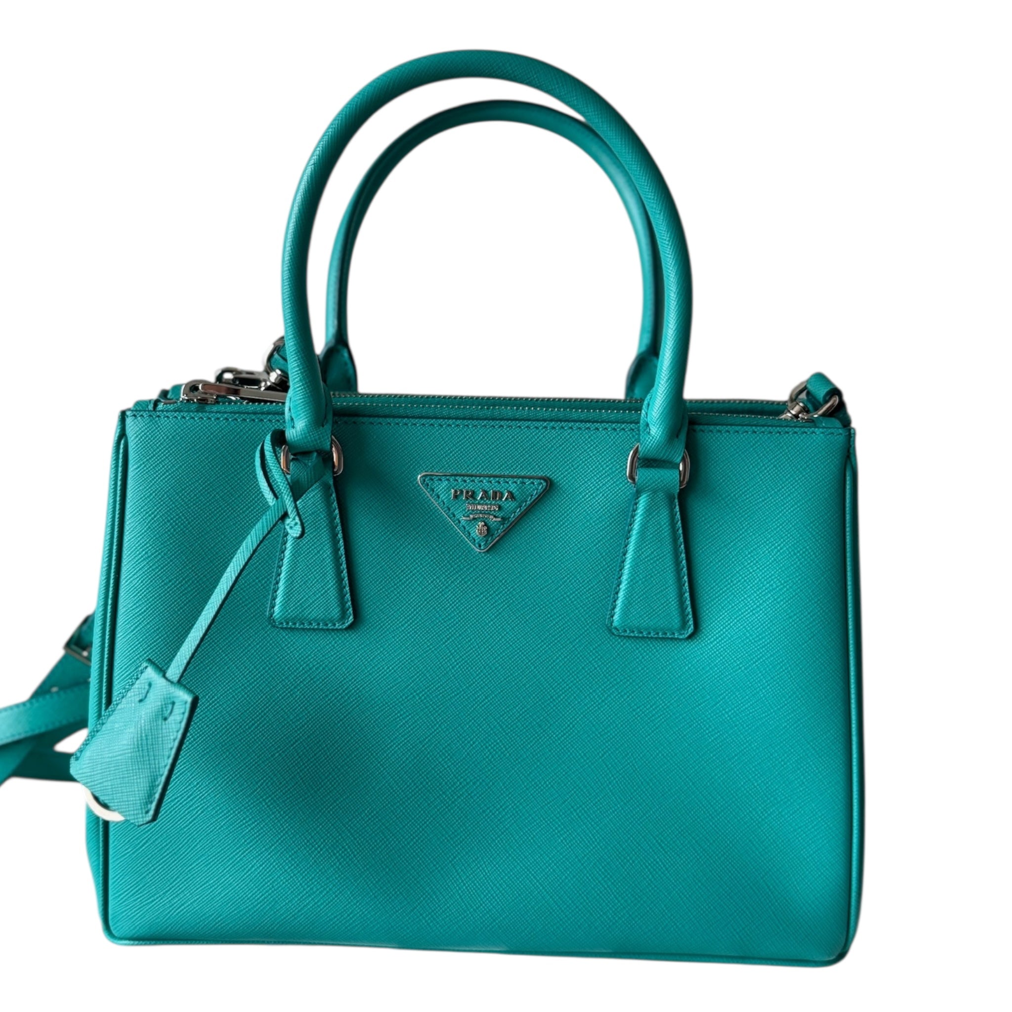 PRE-OWNED Cyan Saffiano Leather Double Zip Lux Small Tote Bag