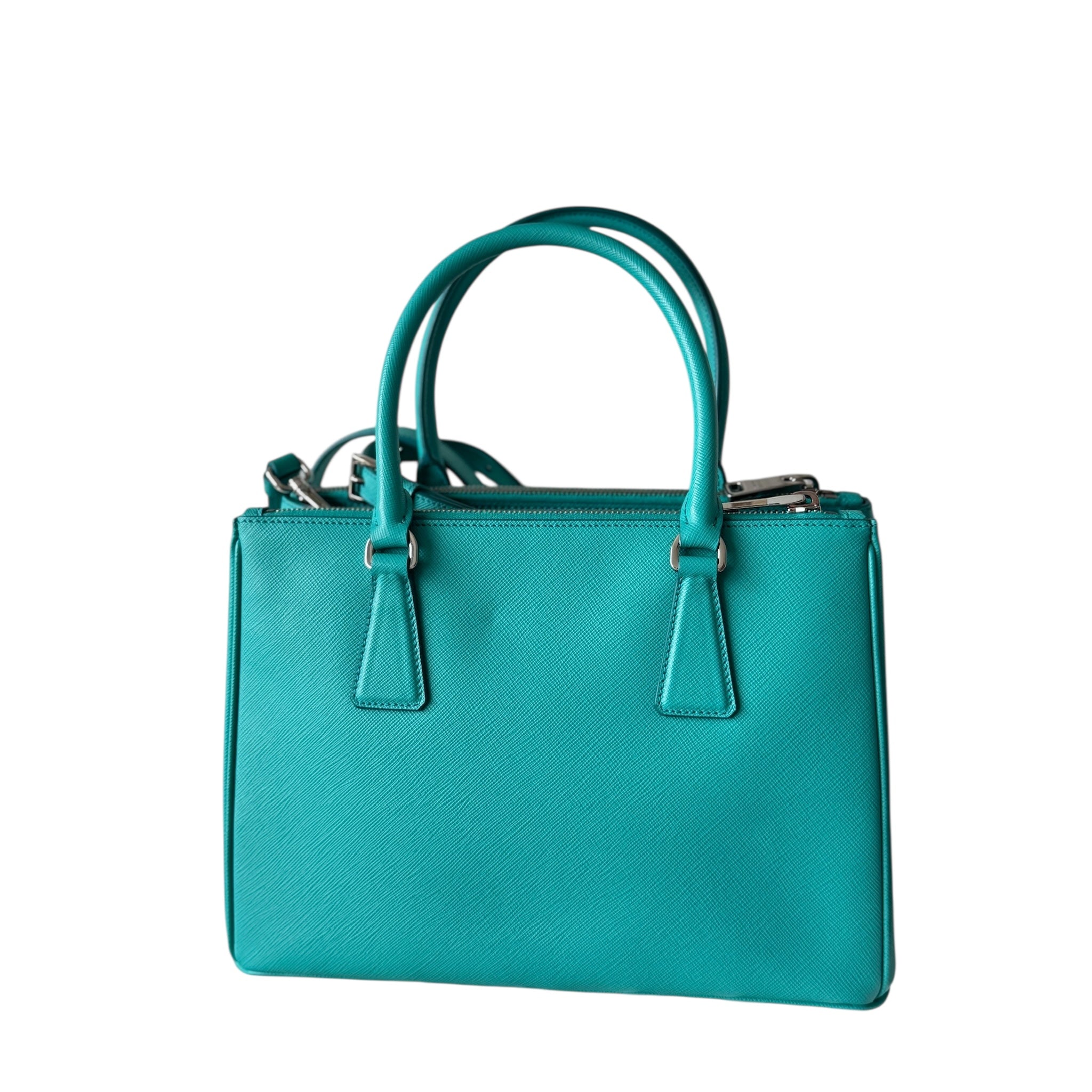 PRE-OWNED Cyan Saffiano Leather Double Zip Lux Small Tote Bag
