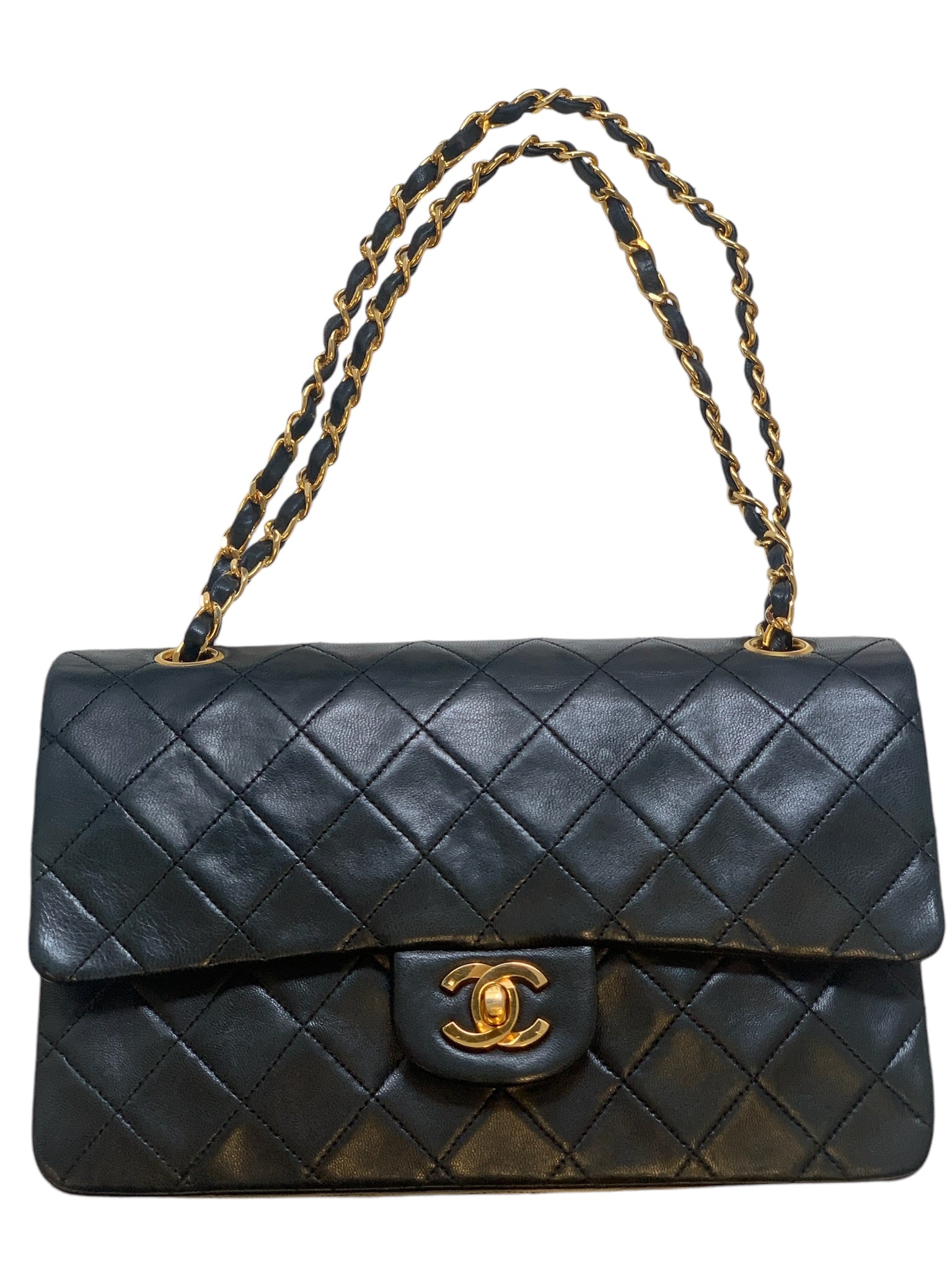 Bolso CC Vintage de piel de cordero acolchada negra de 24 quilates, mediano, clásico, con doble solapa, USADO