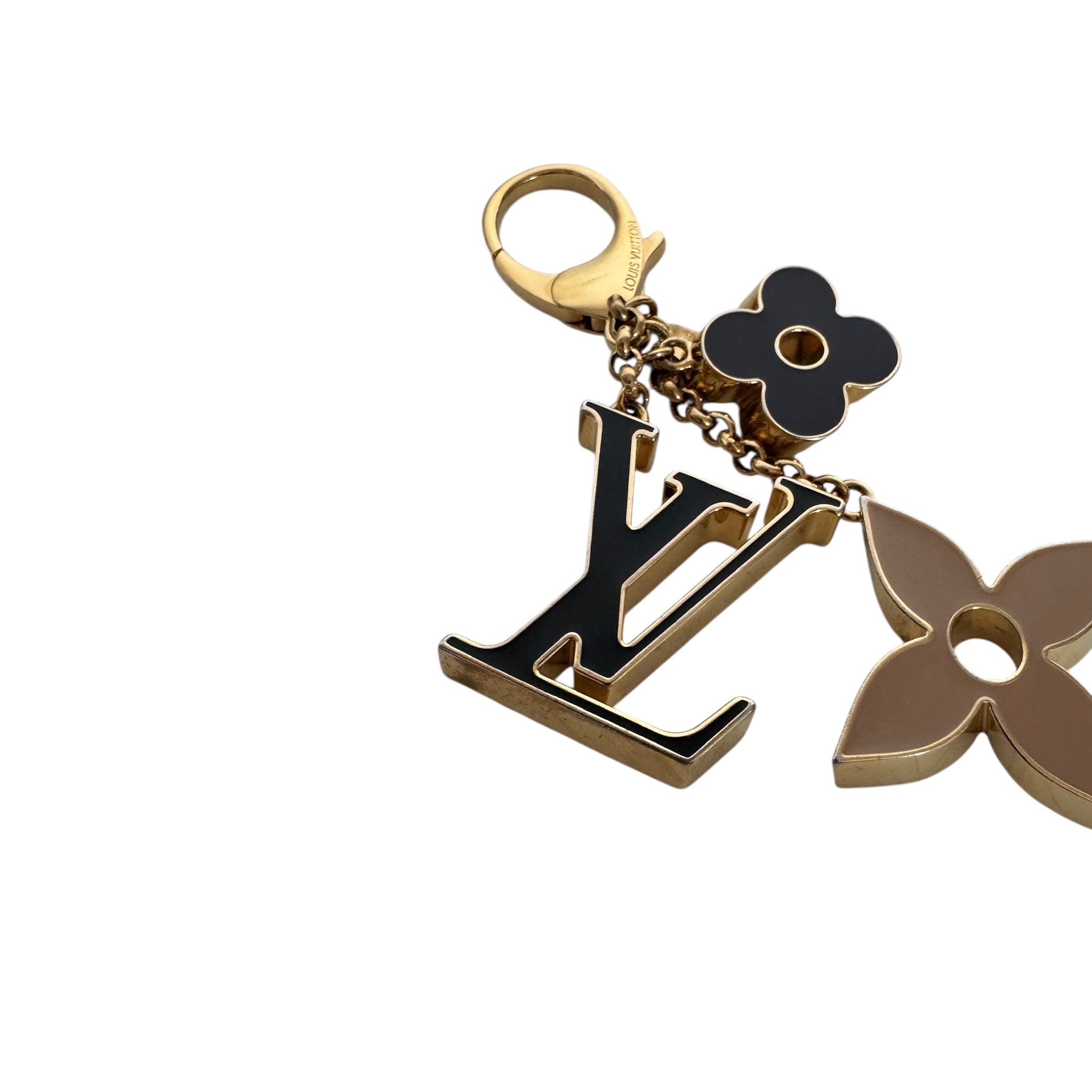 Charm para bolso con monograma de flor de metal esmaltado LV de segunda mano, Dore