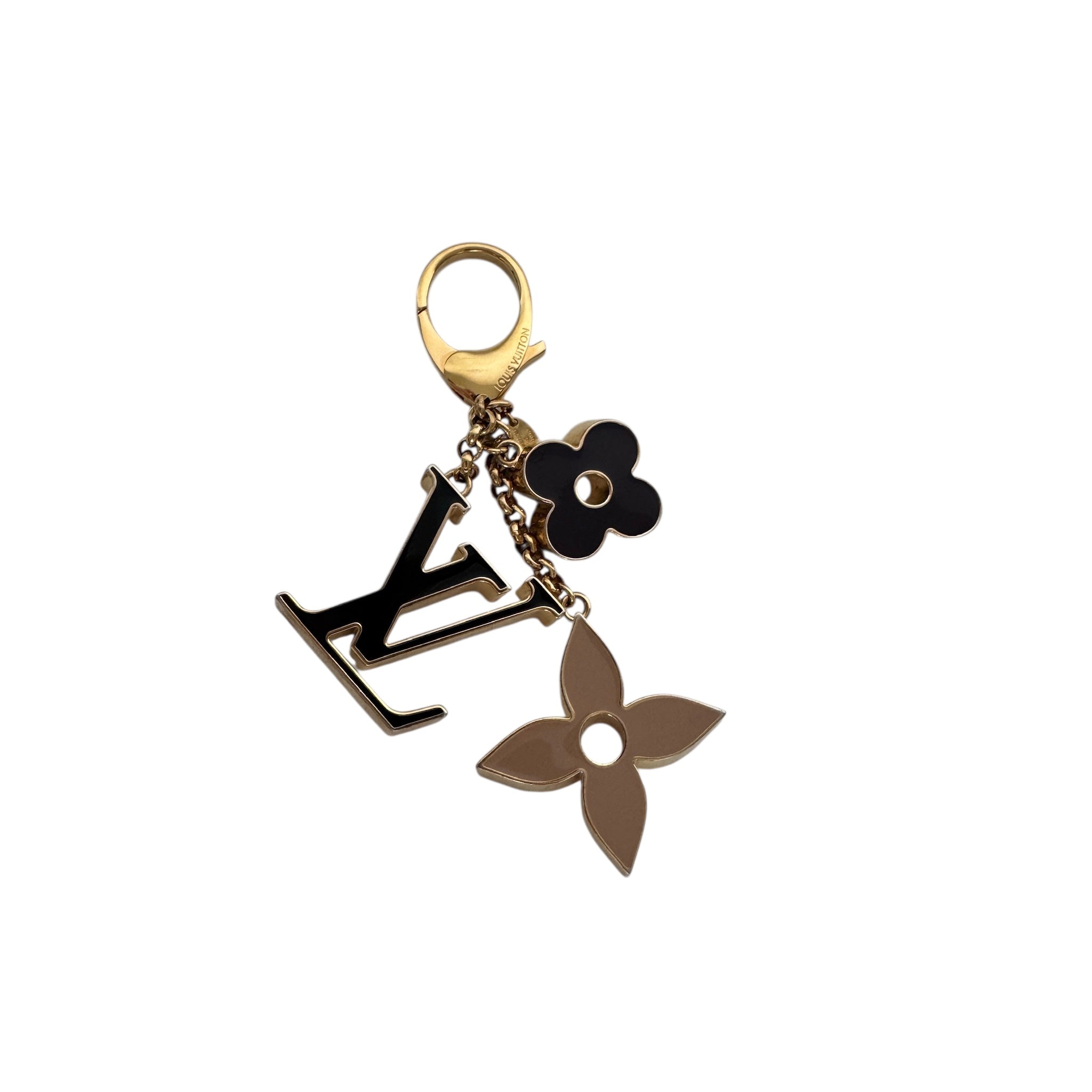Charm para bolso con monograma de flor de metal esmaltado LV de segunda mano, Dore