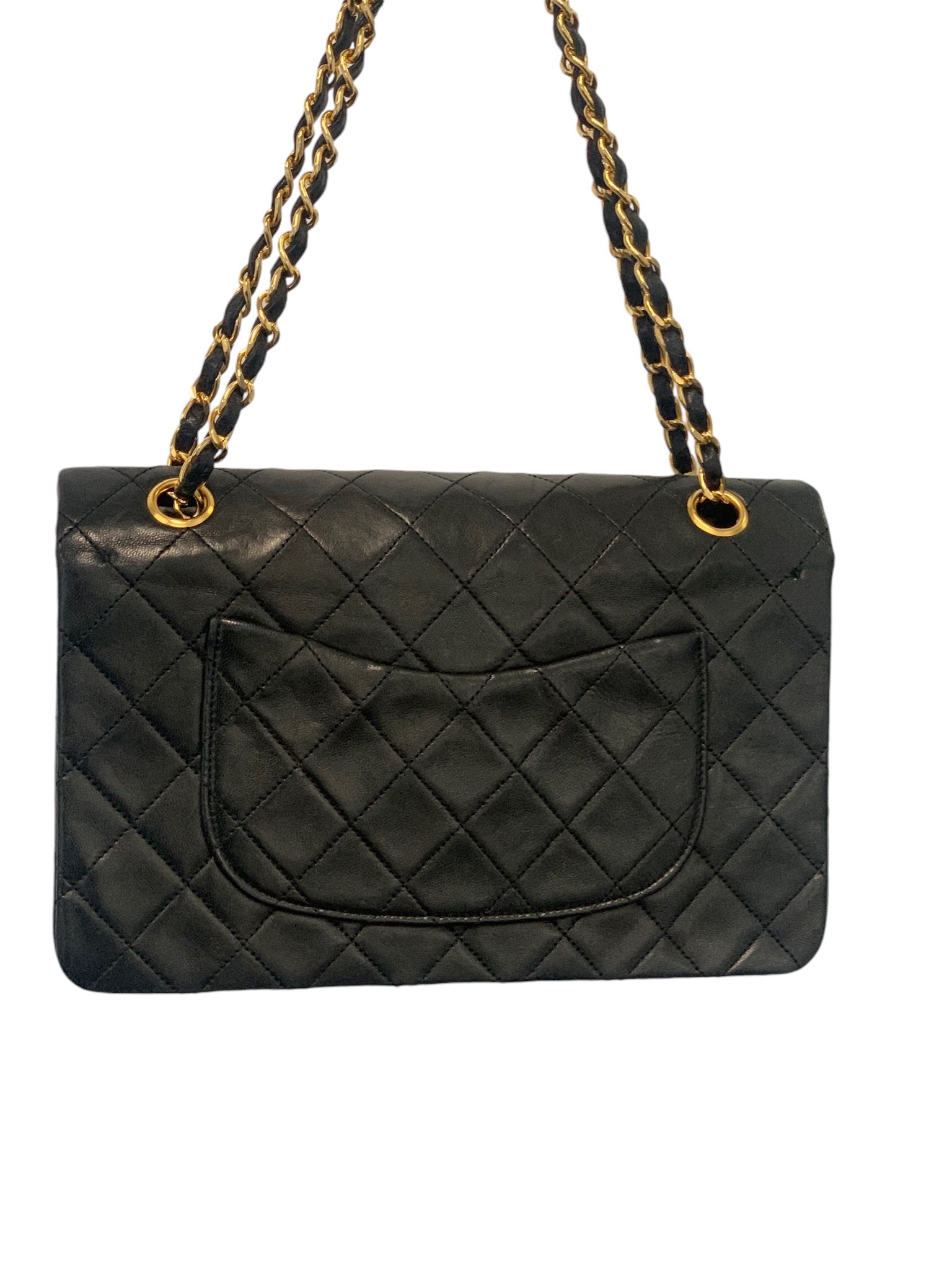 Bolso CC Vintage de piel de cordero acolchada negra de 24 quilates, mediano, clásico, con doble solapa, USADO