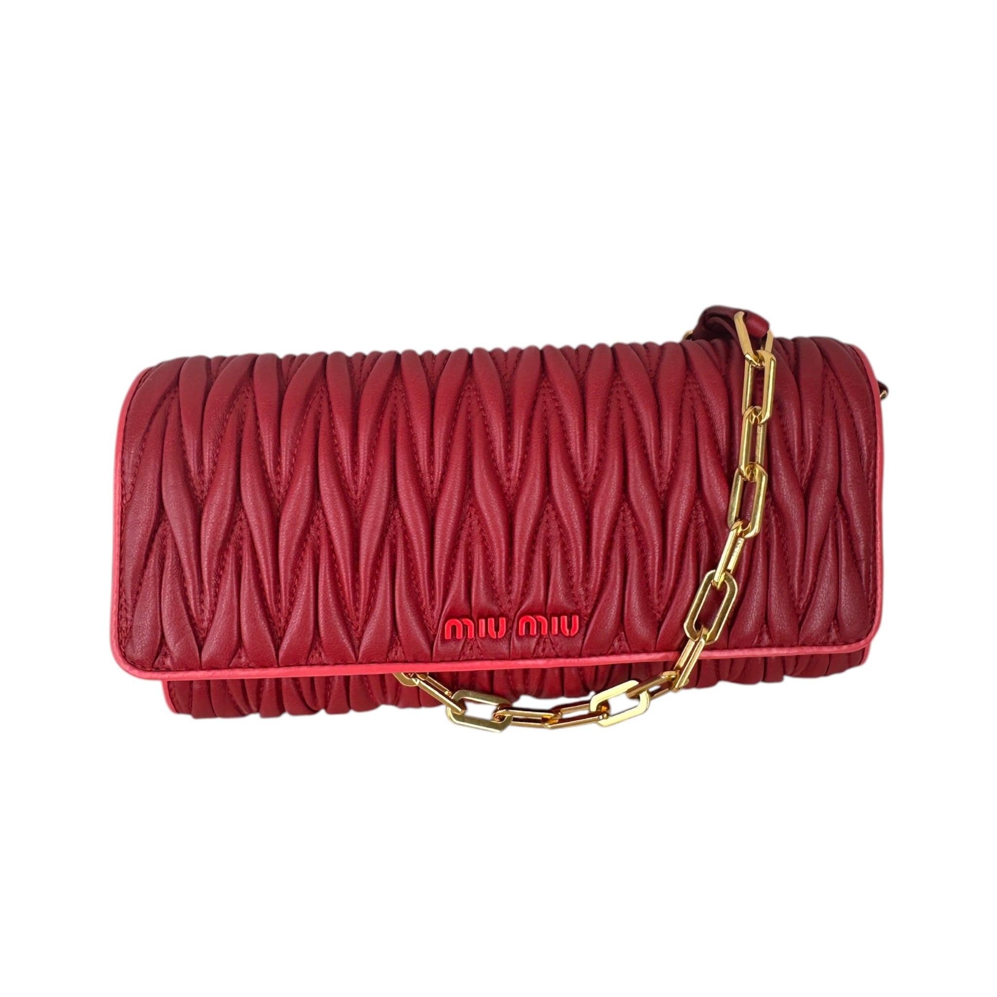 PRE-OWNED Red Matelasse Leather Flap Wallet On Chain