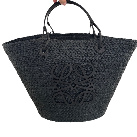 PRE-OWNED Black Raffia Anagram Medium Basket Bag