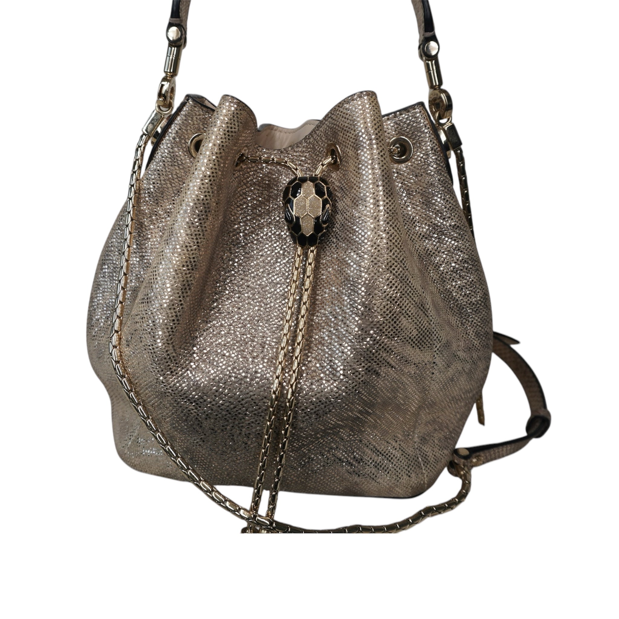 USADO - Bolso de hombro tipo cubo Forever de piel beige y dorada