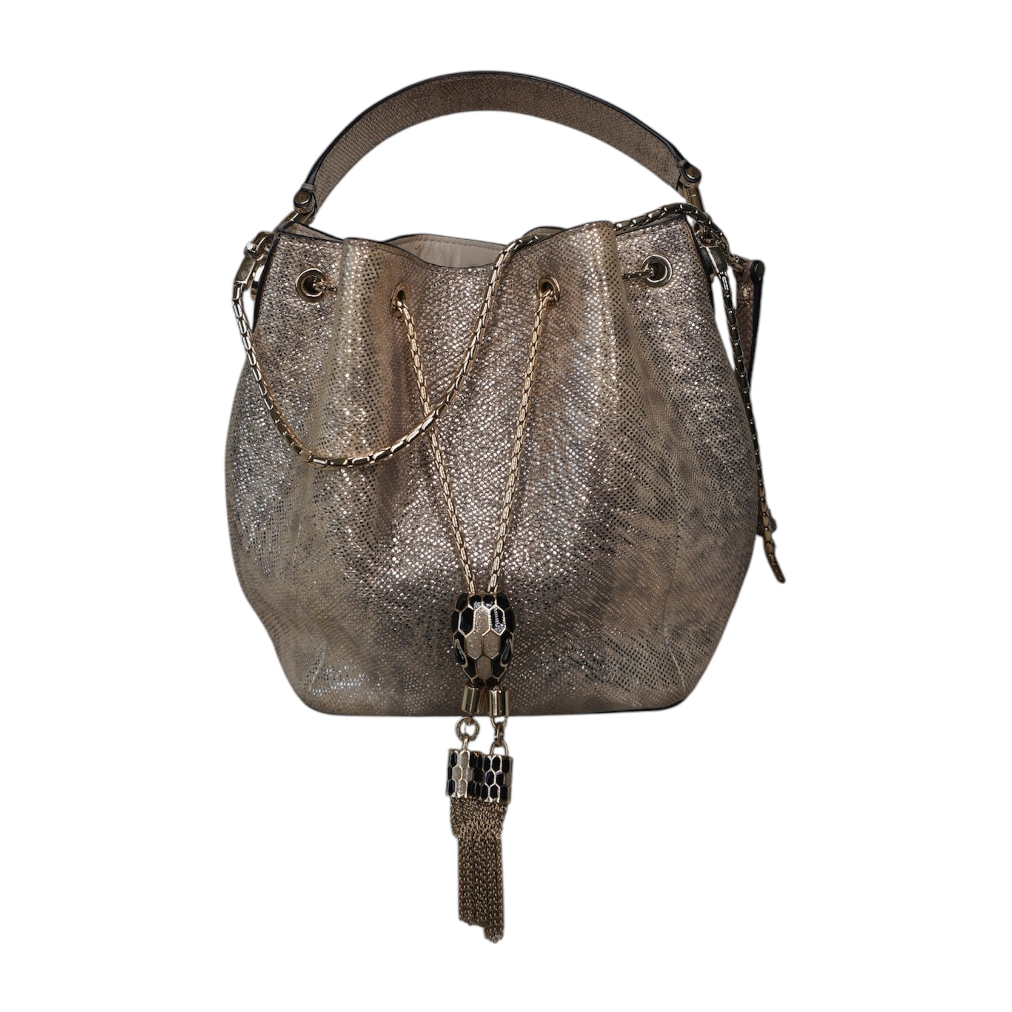 USADO - Bolso de hombro tipo cubo Forever de piel beige y dorada