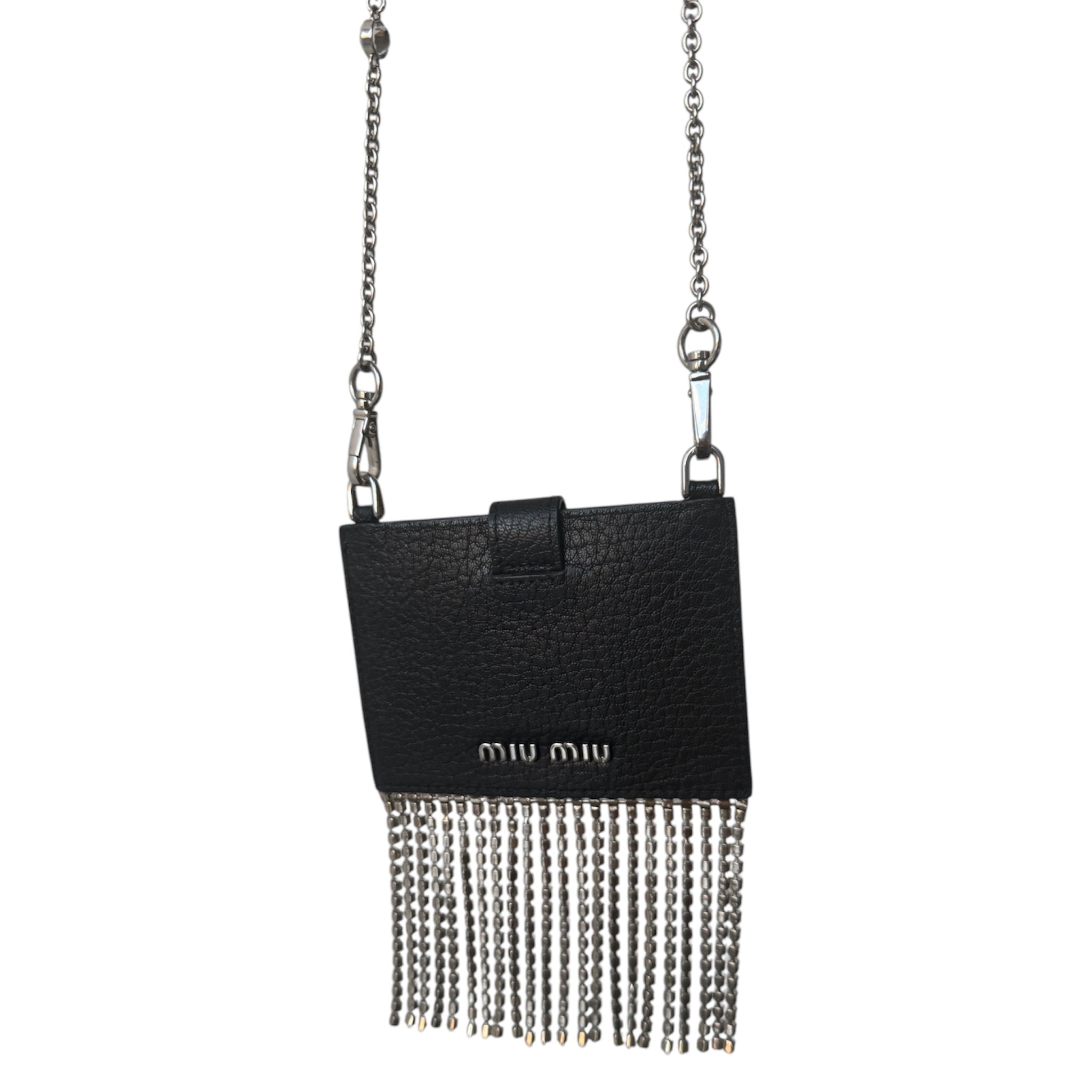 PRE-OWNED Black Leather Crystals Embellished Chain Card Holder