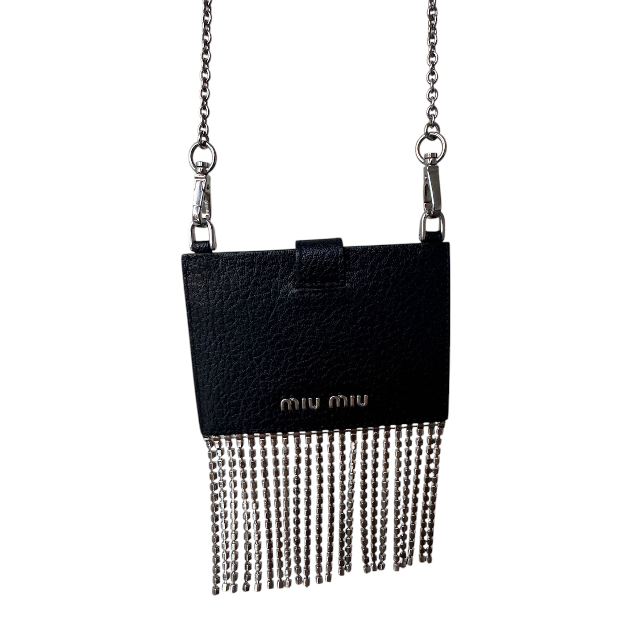 PRE-OWNED Black Leather Crystals Embellished Chain Card Holder