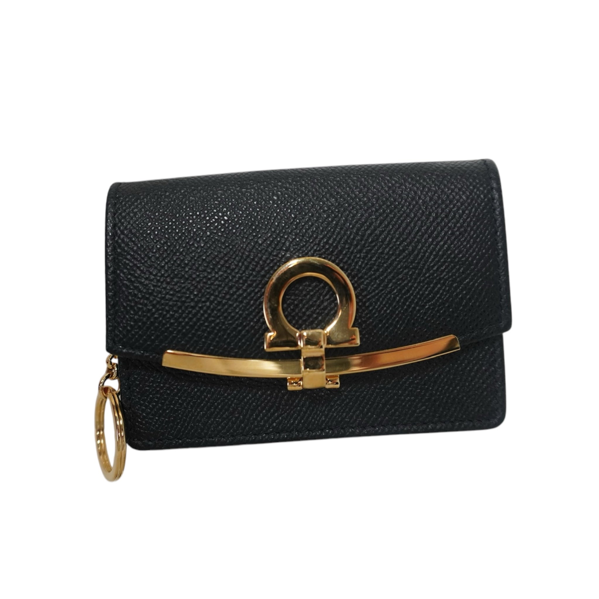 PRE-OWNED SF Black Leather Gancini Business Card Holder