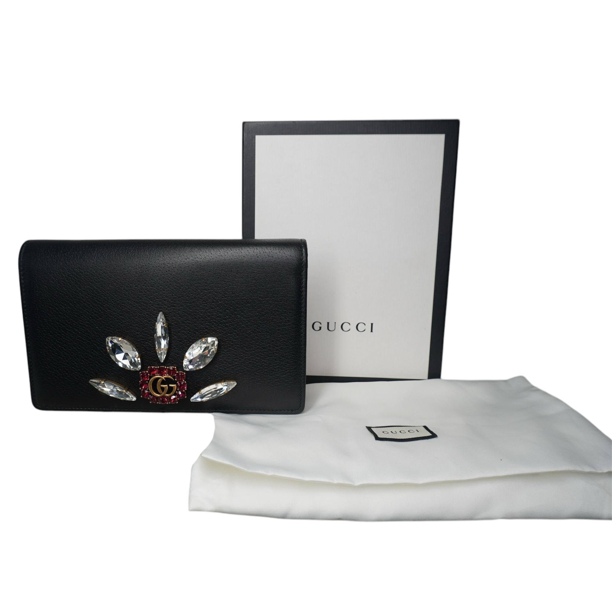 Cartera con cadena GG de cuero negro con cristales Marmont de segunda mano