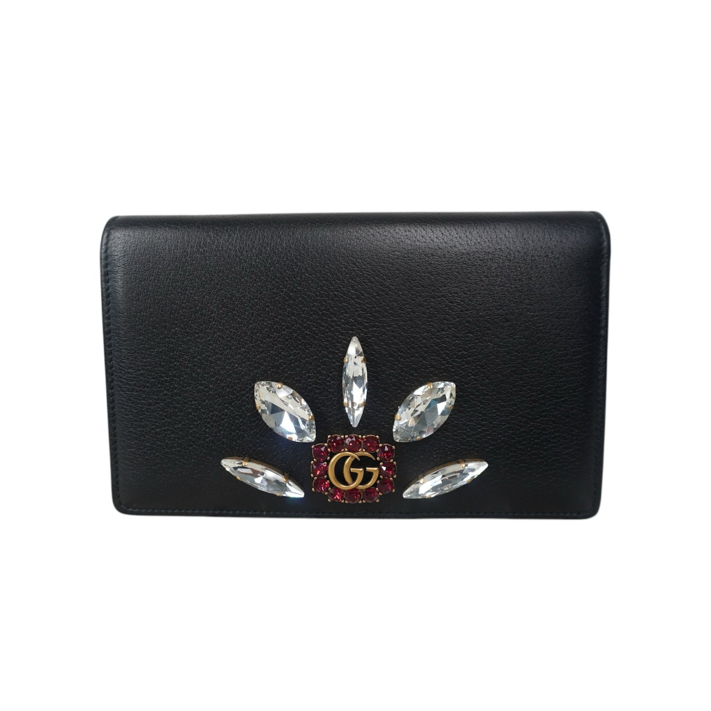 PRE-OWNED GG Black Leather Marmont Crystal Embellished Wallet On Chain