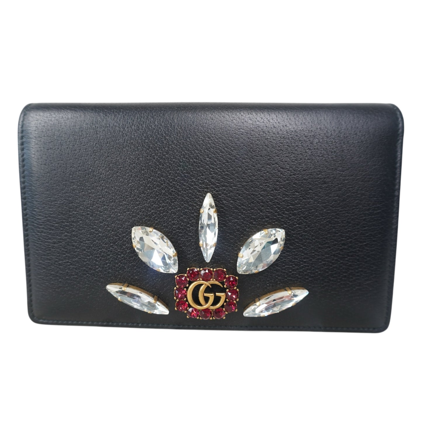 PRE-OWNED GG Black Leather Marmont Crystal Embellished Wallet On Chain