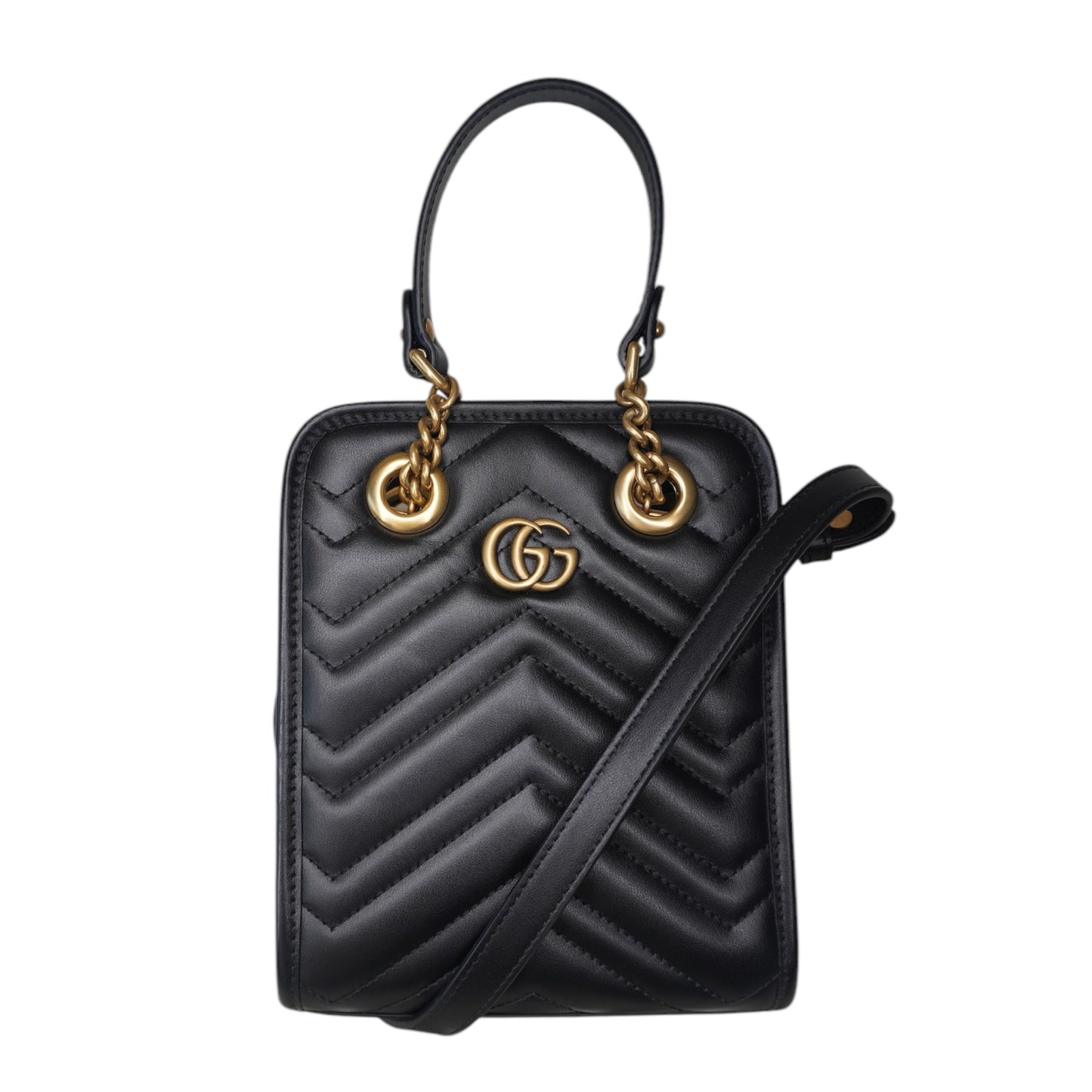 PRE-OWNED GG Black Marmont Matelasse Mini Tote Bag