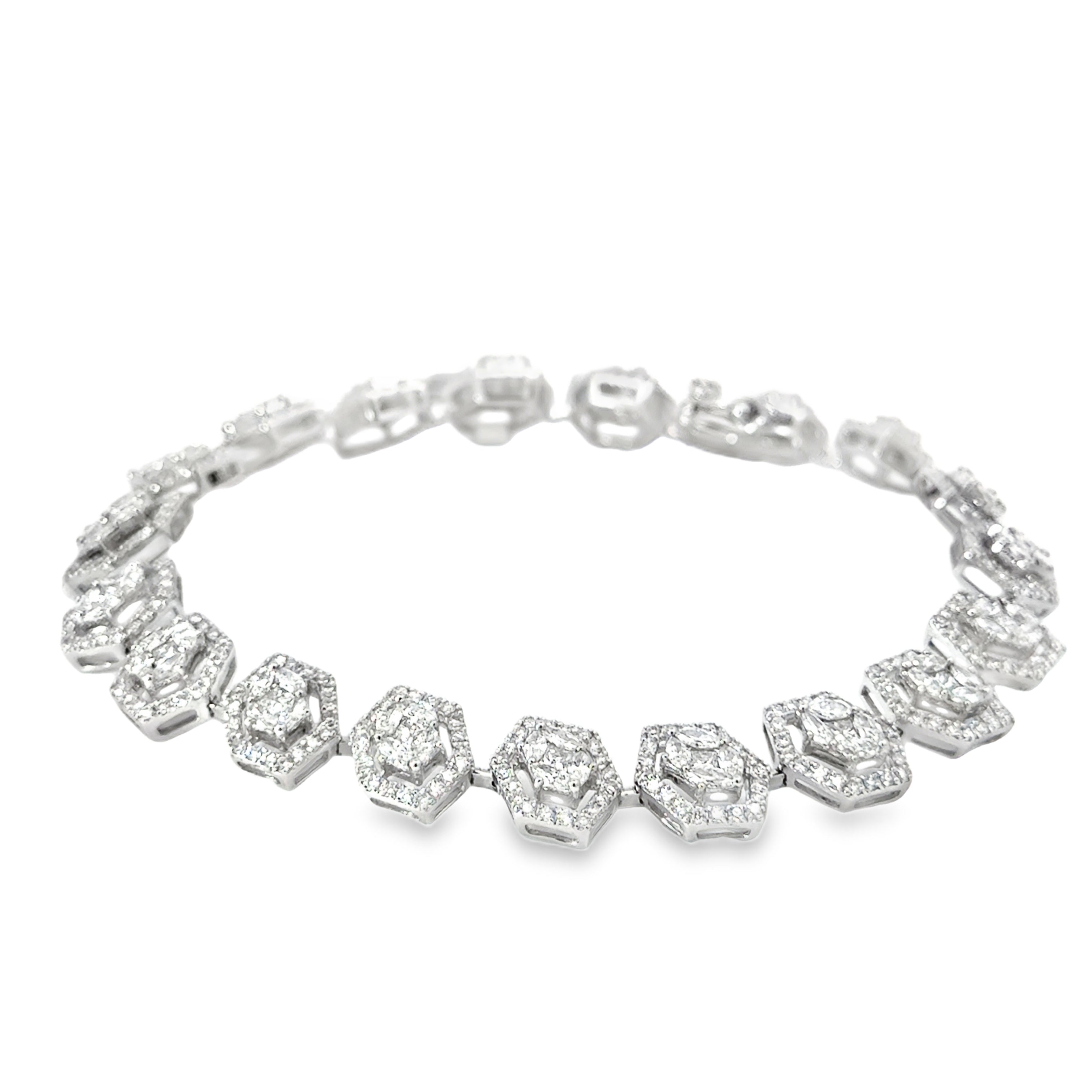 14K White Gold Natural Diamond Bracelet – 4.68ct Illusion setting  Hexagon Kite Halo