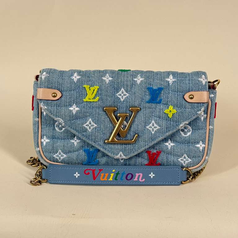 PRE-OWNED LV Embroidered Monogram Denim New Wave Chain Pochette