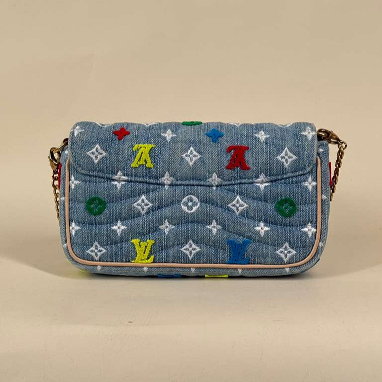 PRE-OWNED LV Embroidered Monogram Denim New Wave Chain Pochette