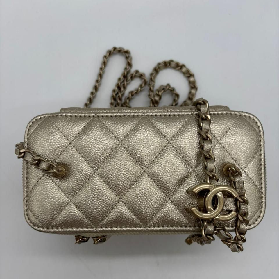 PRE-OWNED CC Classic Vanity Case Light Gold Metallic Caviar ( PART 1)