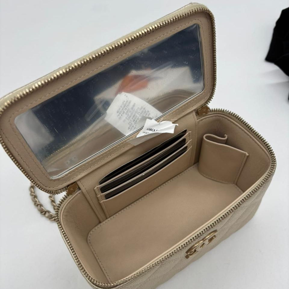 PRE-OWNED CC Classic Vanity Case Light Gold Metallic Caviar ( PART 1)