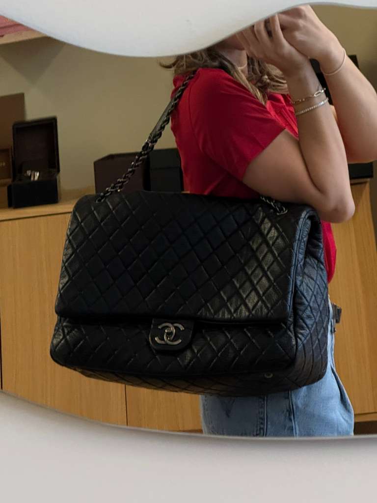 PRE-OWNED Calfskin Quilted XXL Travel Flap Bag Black