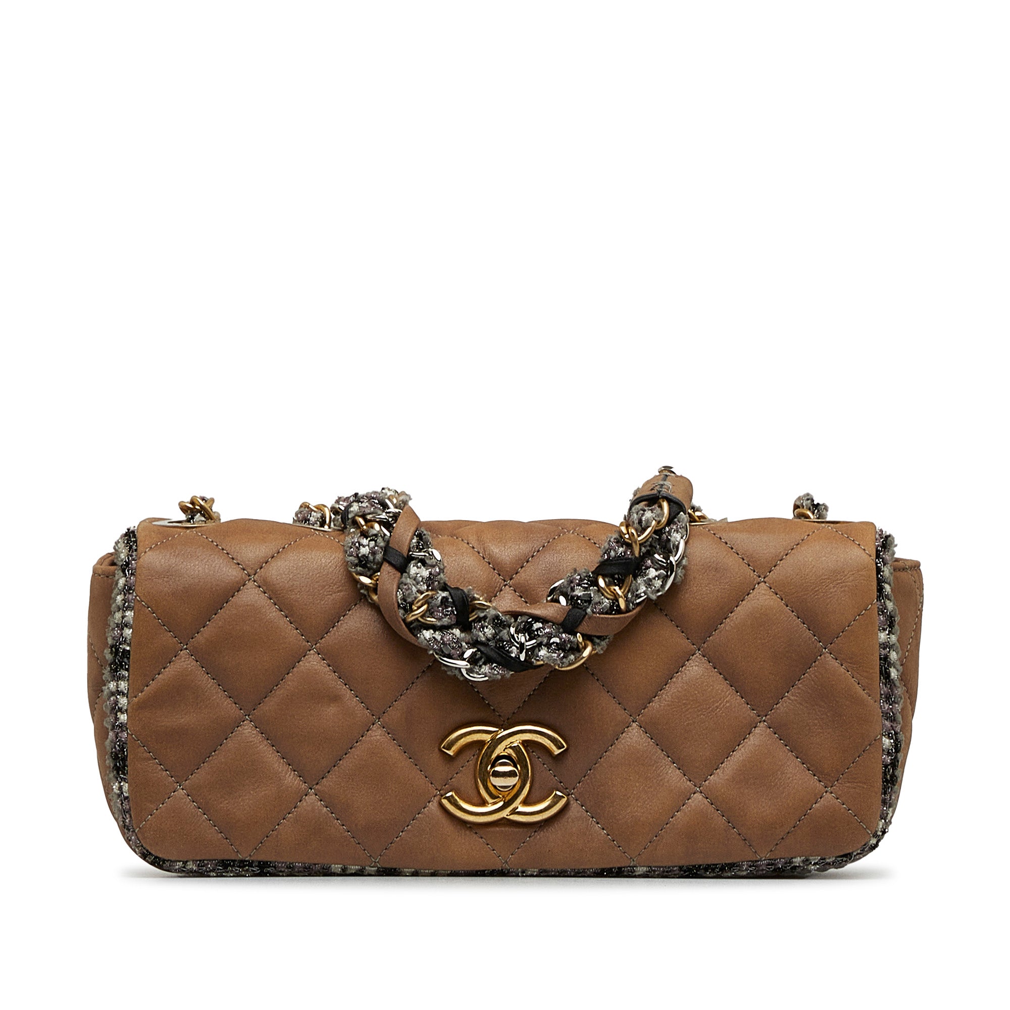 CHANEL - Bolso pequeño de piel de cordero acolchada y tweed con solapa de cadena