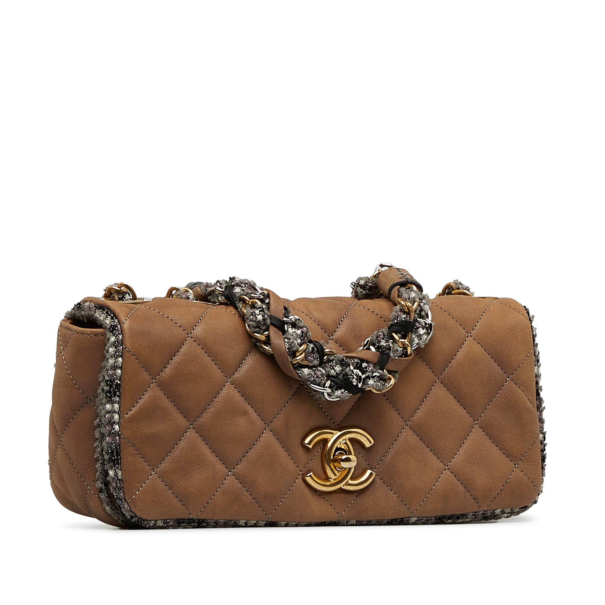 CHANEL - Bolso pequeño de piel de cordero acolchada y tweed con solapa de cadena