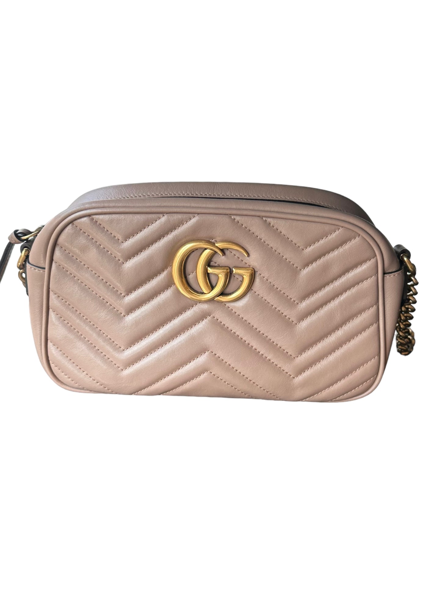 GUCCI - Taupe  Calfskin Small GG Marmont Chain Bag