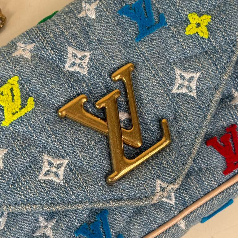 PRE-OWNED LV Embroidered Monogram Denim New Wave Chain Pochette