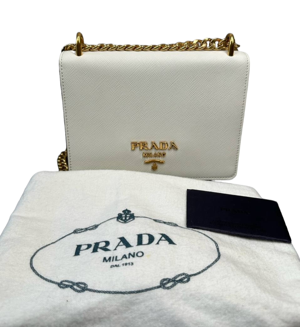 FWRD Renew Prada Saffiano Flap Chain Shoulder Bag in White