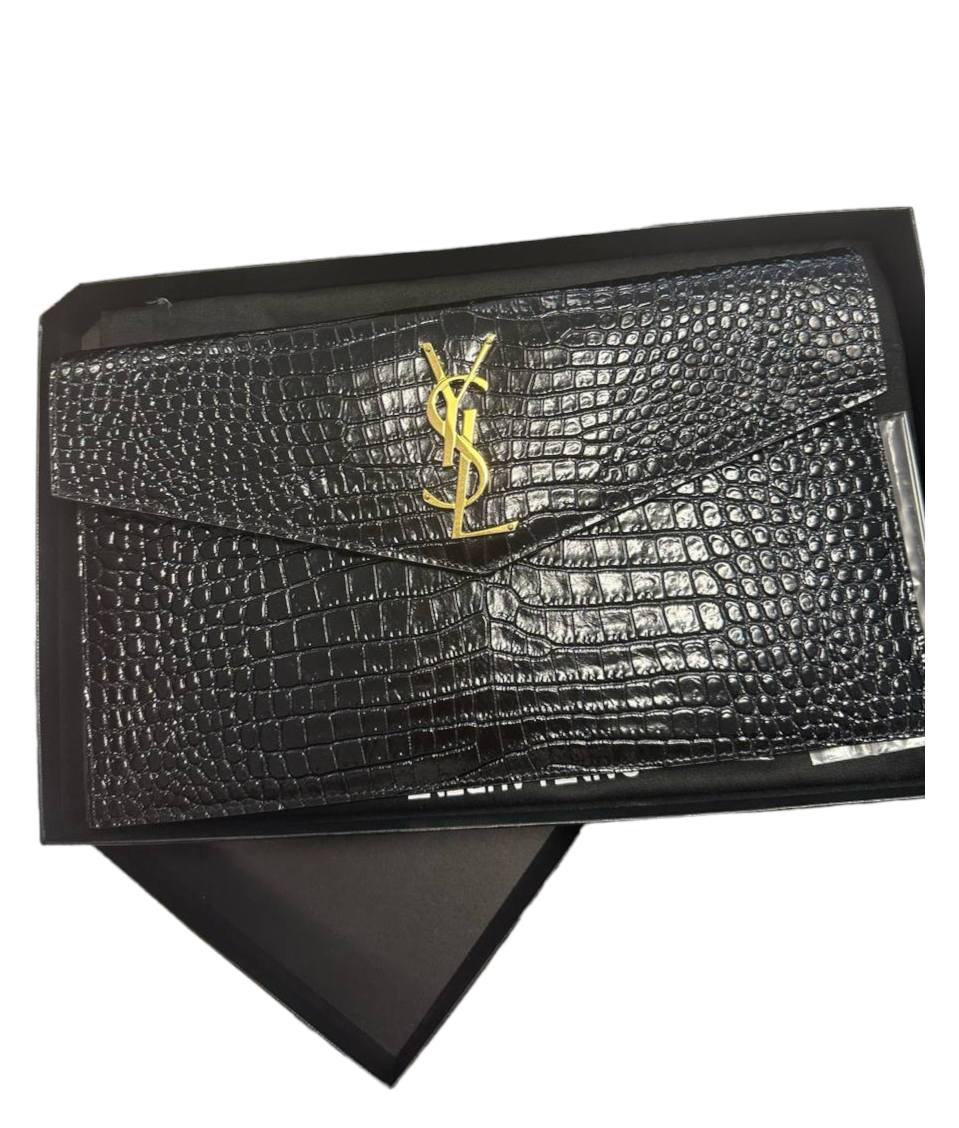 SAINT LAURENT - Black Vintage Shiny Crocodile Embossed Uptown Pouch