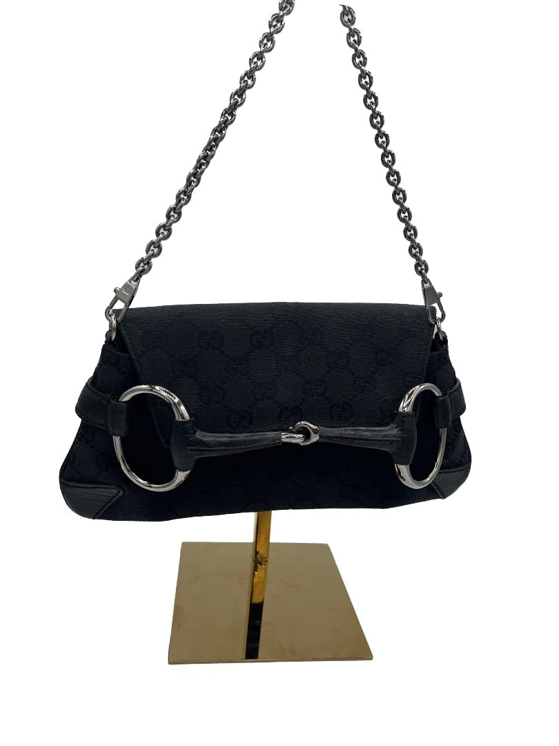 GUCCI - GG/Horsebit Handbag Black Jacquard Leather