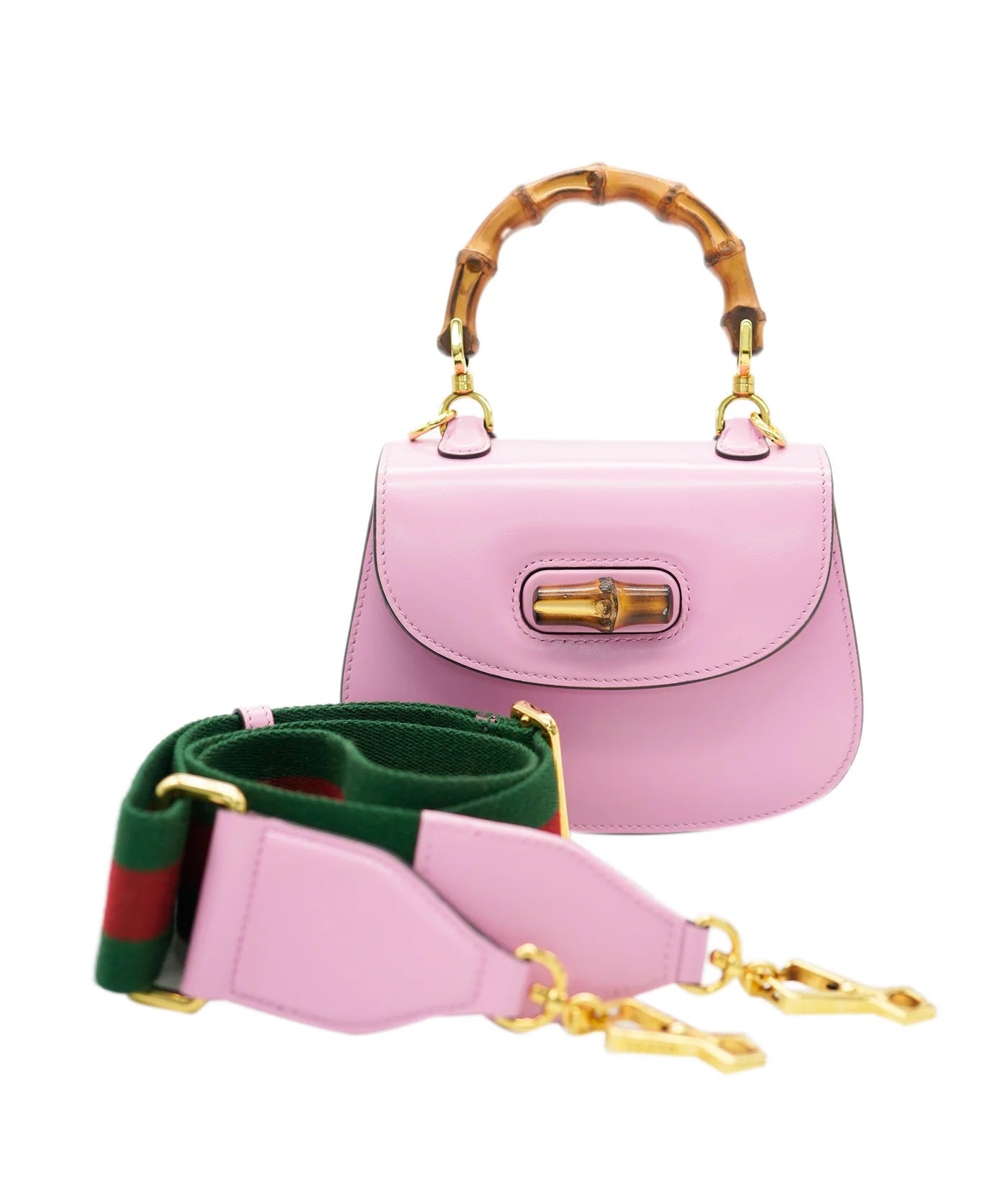 GUCCI - Pink Boarded Dyana Lux Calfskin Web Mini Bamboo 1947 Top Handle Bag