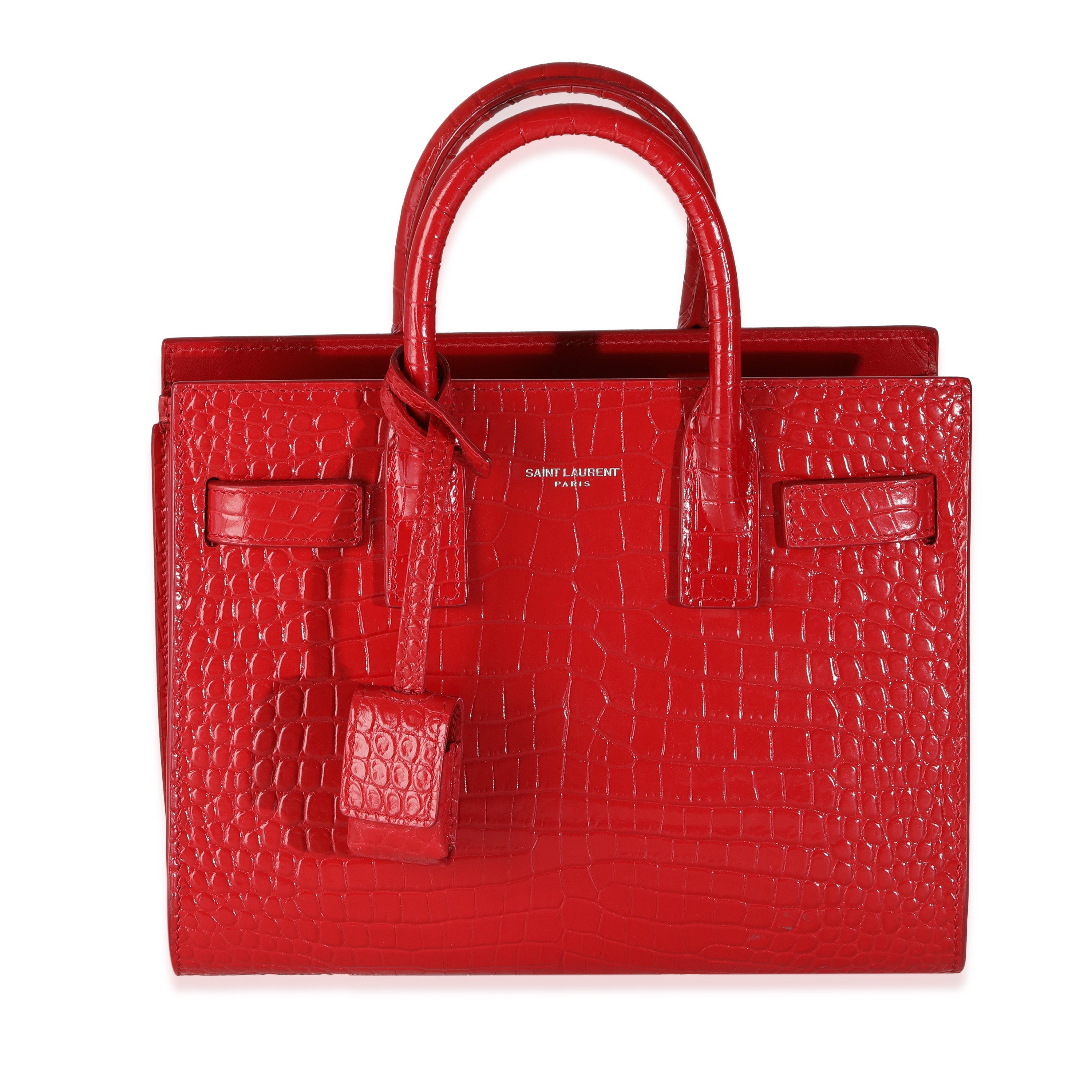 PRE-OWNED Red Calfskin Crocodile Embossed Nano Sac De Jour
