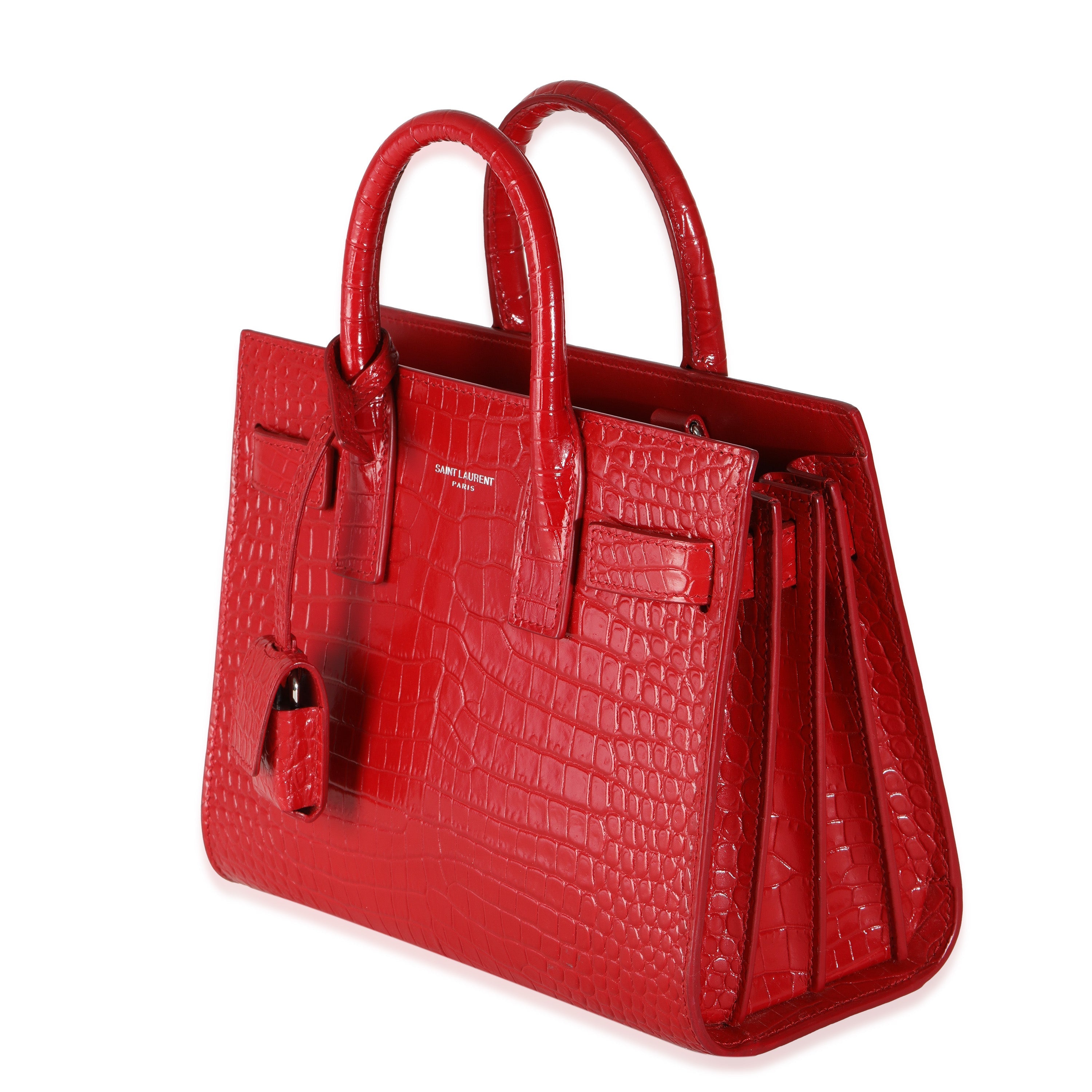 PRE-OWNED Red Calfskin Crocodile Embossed Nano Sac De Jour