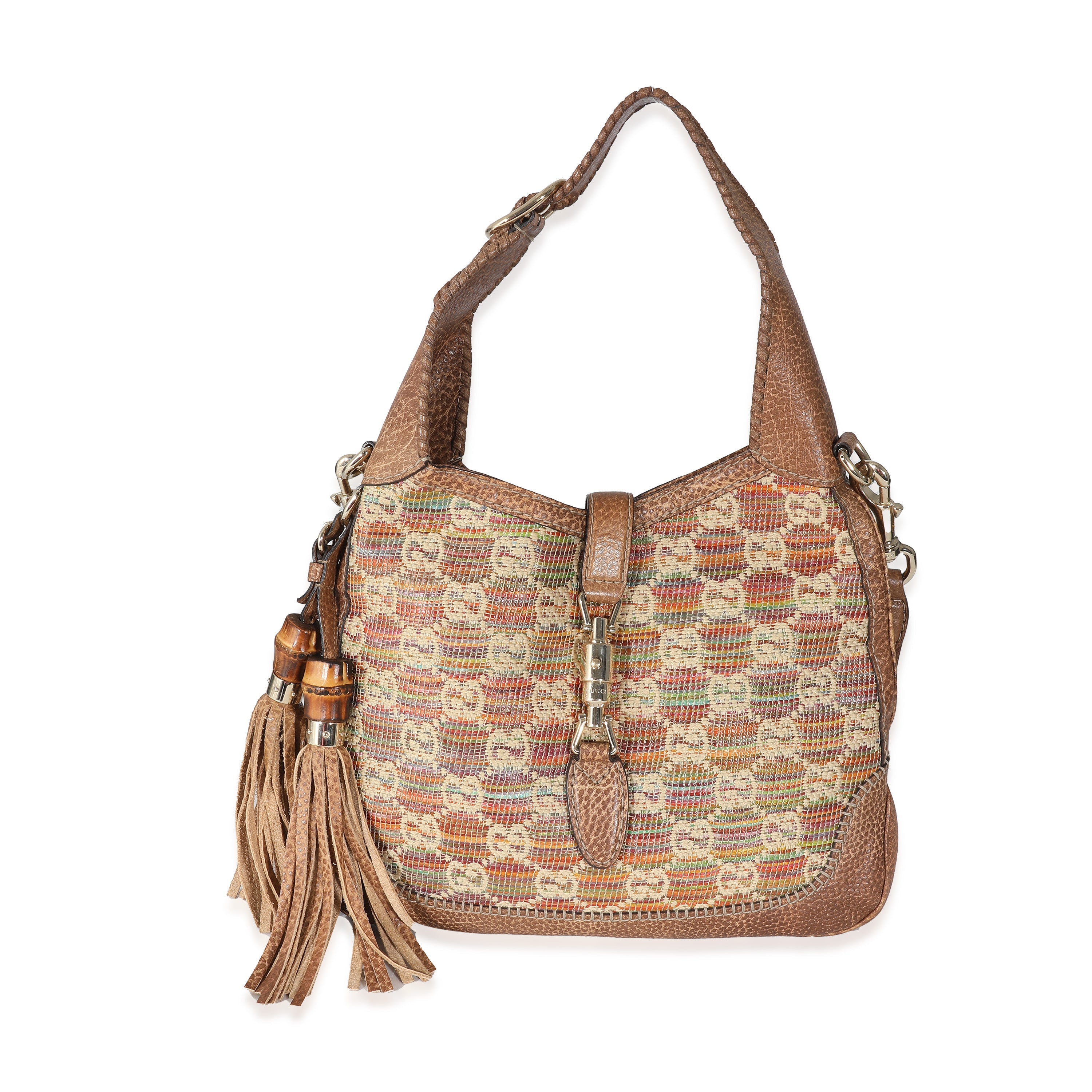 GUCCI - Bolso mediano New Jackie Guccissima de piel marrón y rafia multicolor