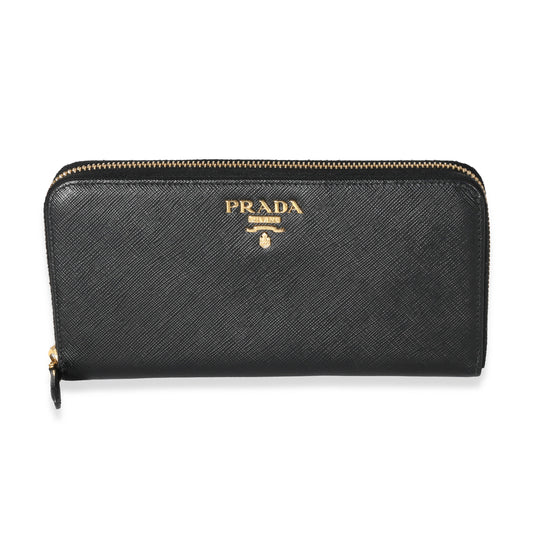 PRADA - Black Saffiano Long Zip Around Wallet