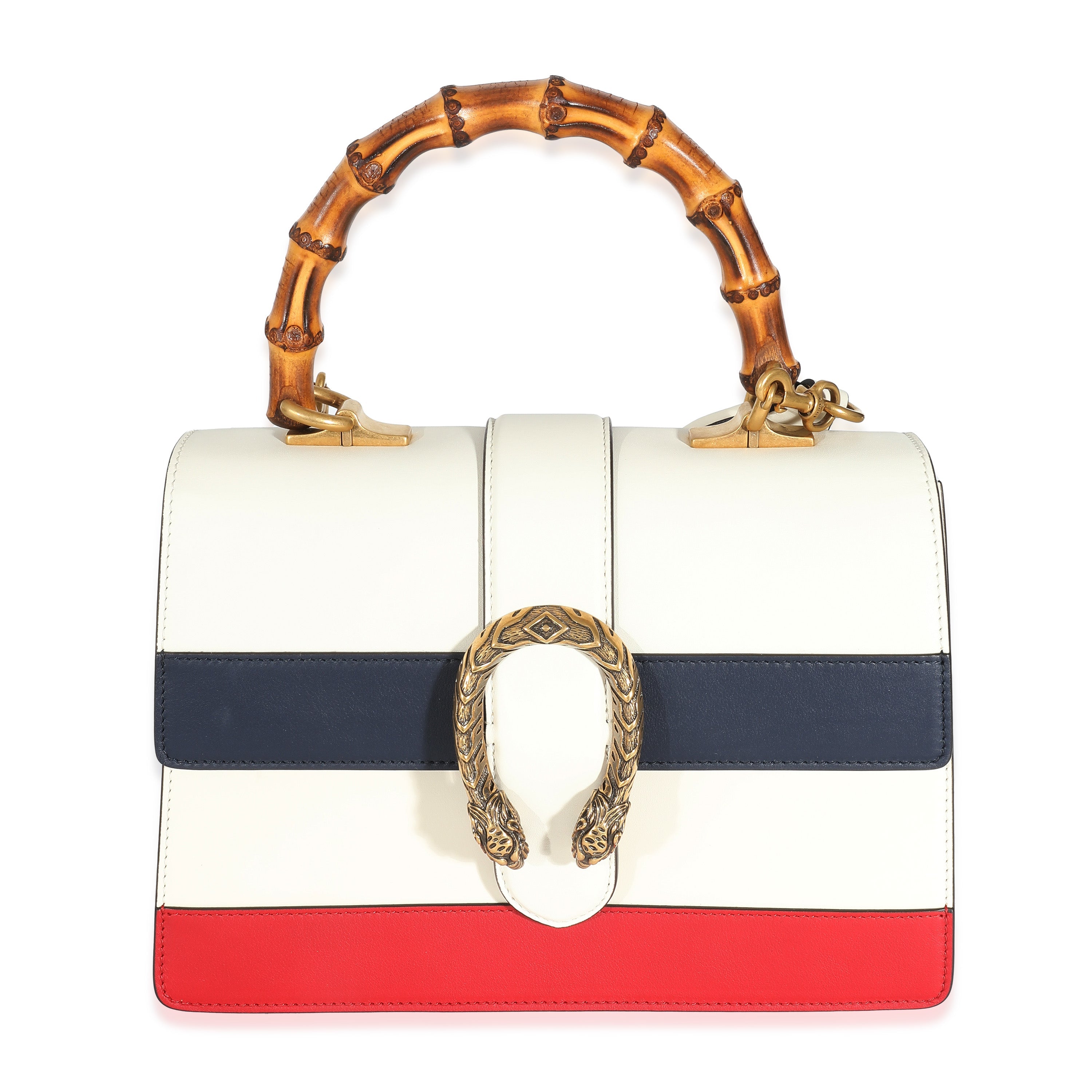 GUCCI - Bolso Dionysus mediano de piel de becerro roja, blanca y azul con asa superior de bambú