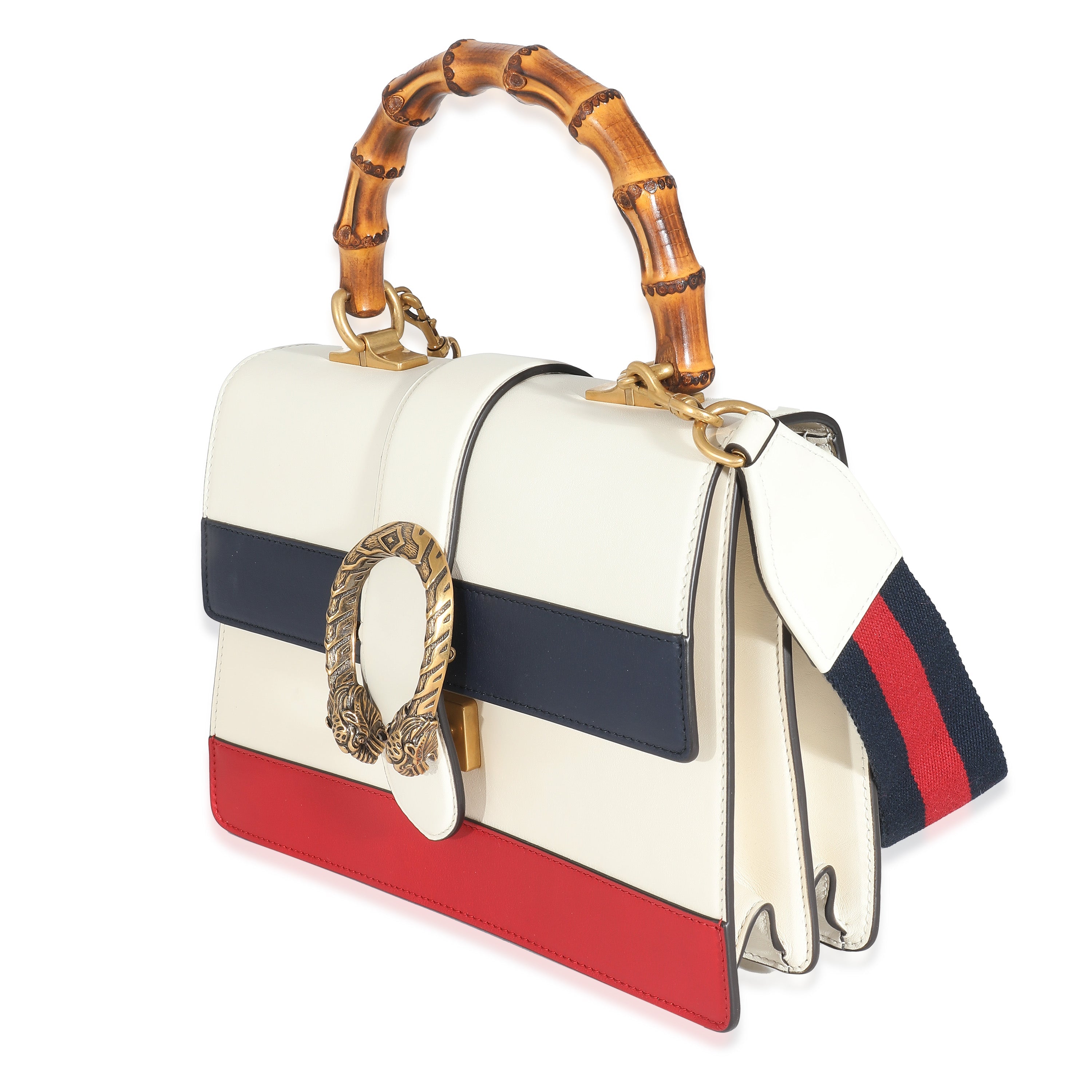 GUCCI - Bolso Dionysus mediano de piel de becerro roja, blanca y azul con asa superior de bambú